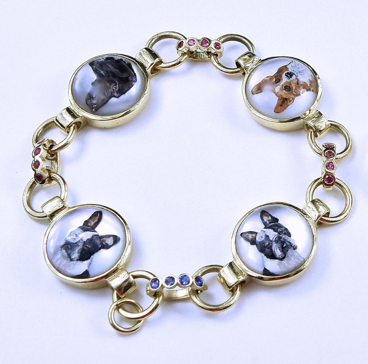 18 Karat Gold Hand Painted Dog Bracelet on Crystal In New Condition In Cohasset, MA