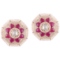 18 Karat Gold Handcrafted Cultured Pearls Polki White Diamond Stud Earrings