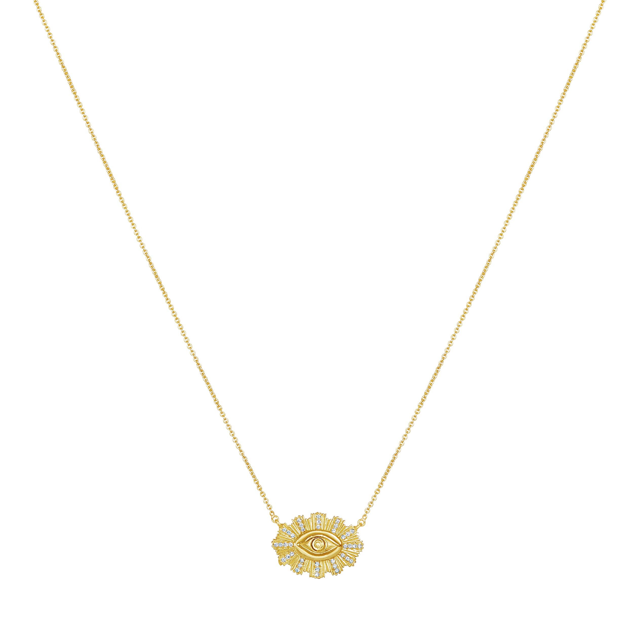 Handcrafted 18kt eye with divine rays and 38 brilliant cut white diamonds set on an 17” trace chain with two optional shorteners

Symbolism:
The eye represents inner-vision, self-awareness and focus on spiritual growth

Materials:
18kt gold &