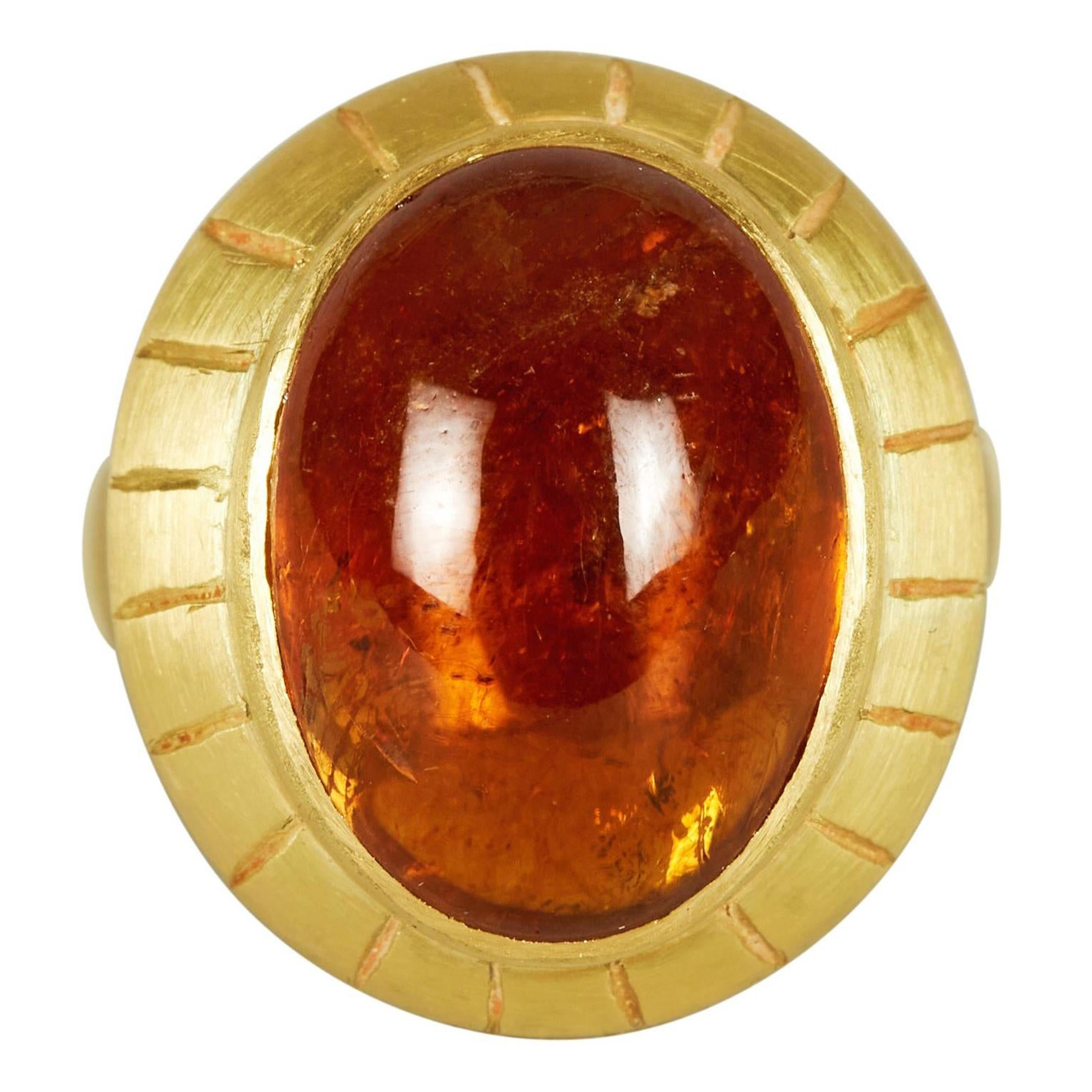 For Sale:  18 Karat Gold Handmade Ring, Set with Cabochon Hessonite Garnet