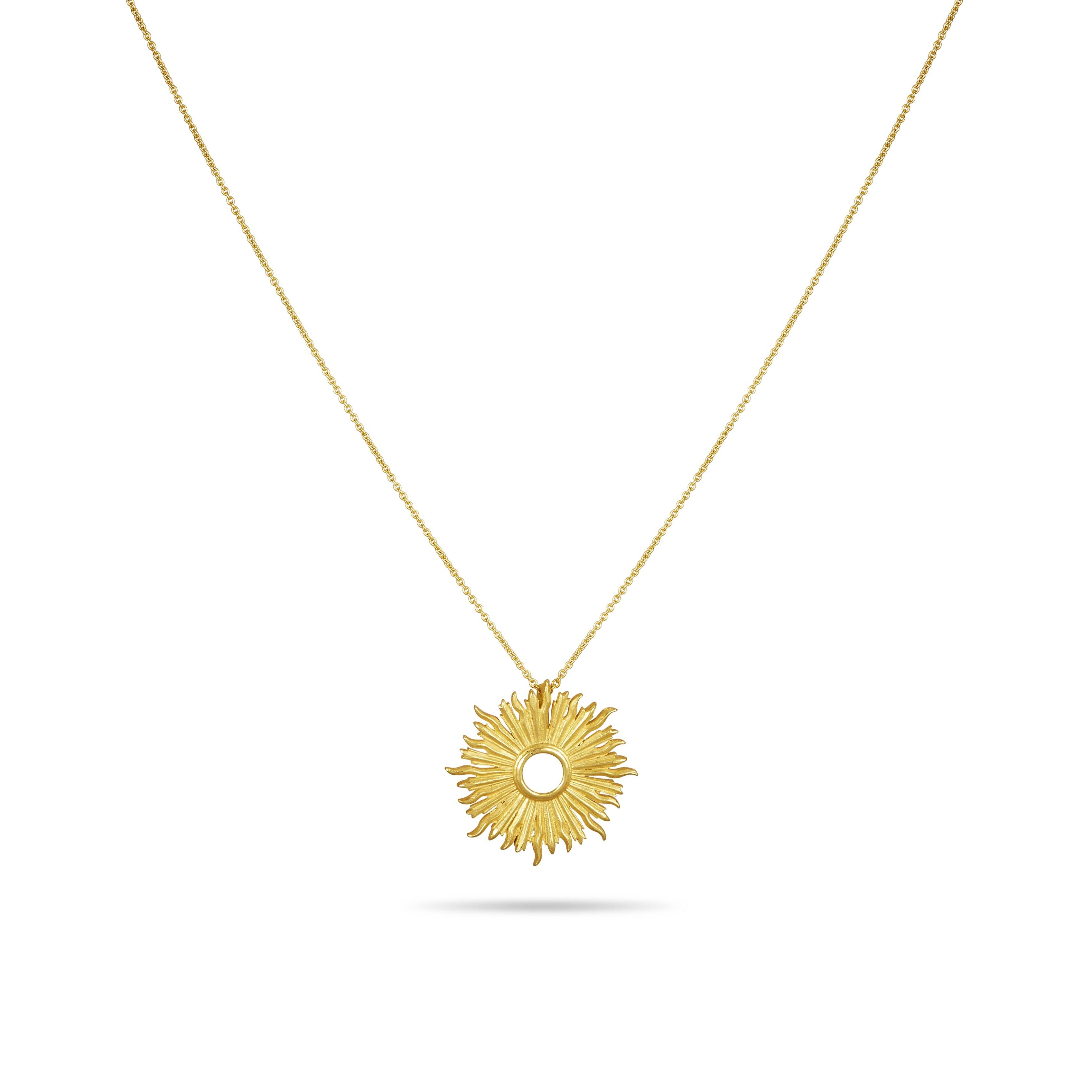 Women's 18 Karat Gold Handmade Sunburst Pendant Hanging on a 18 Karat Gold Chain For Sale