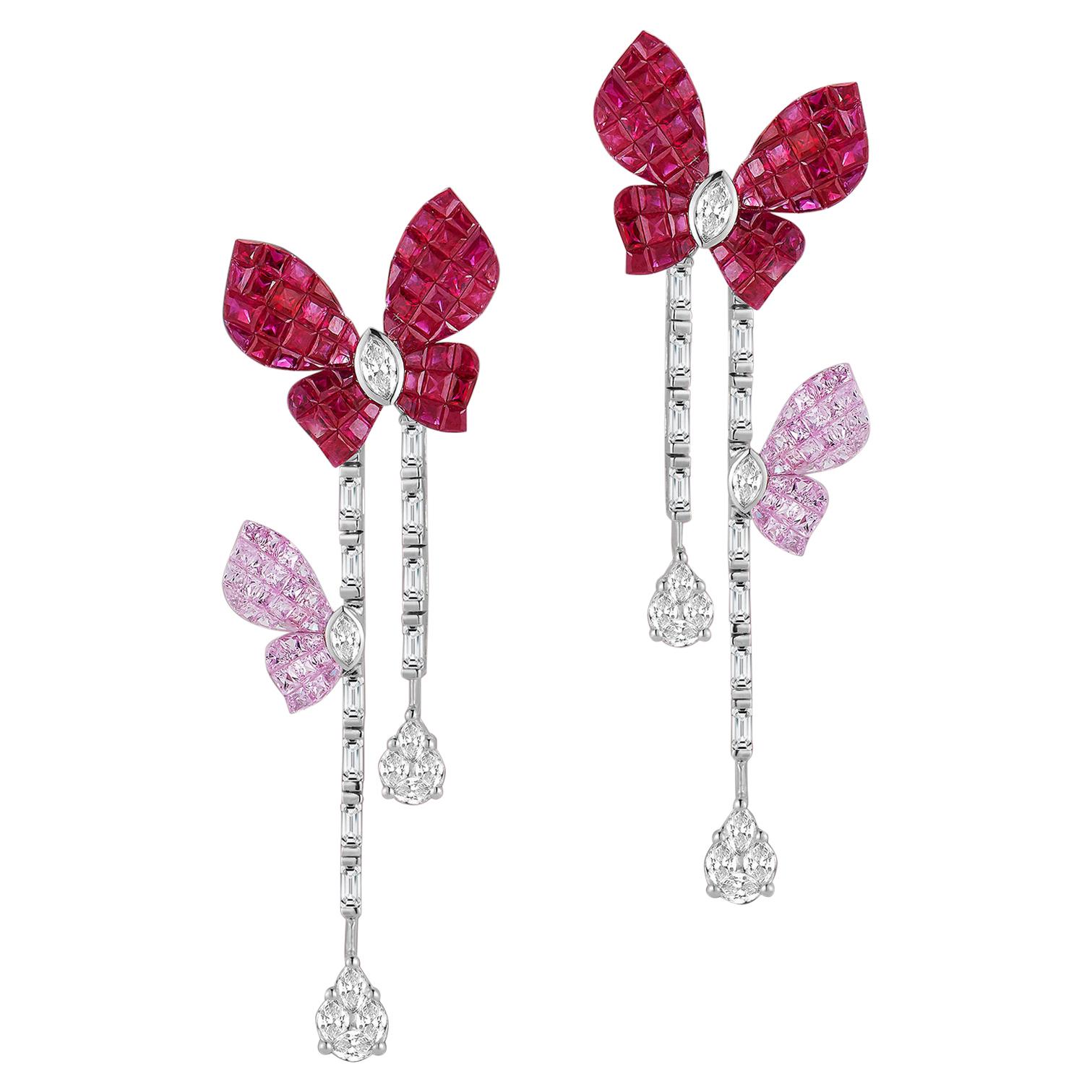 18 Karat Gold Hanging Butterfly Earrings with Diamonds, Rubies and Sapphires