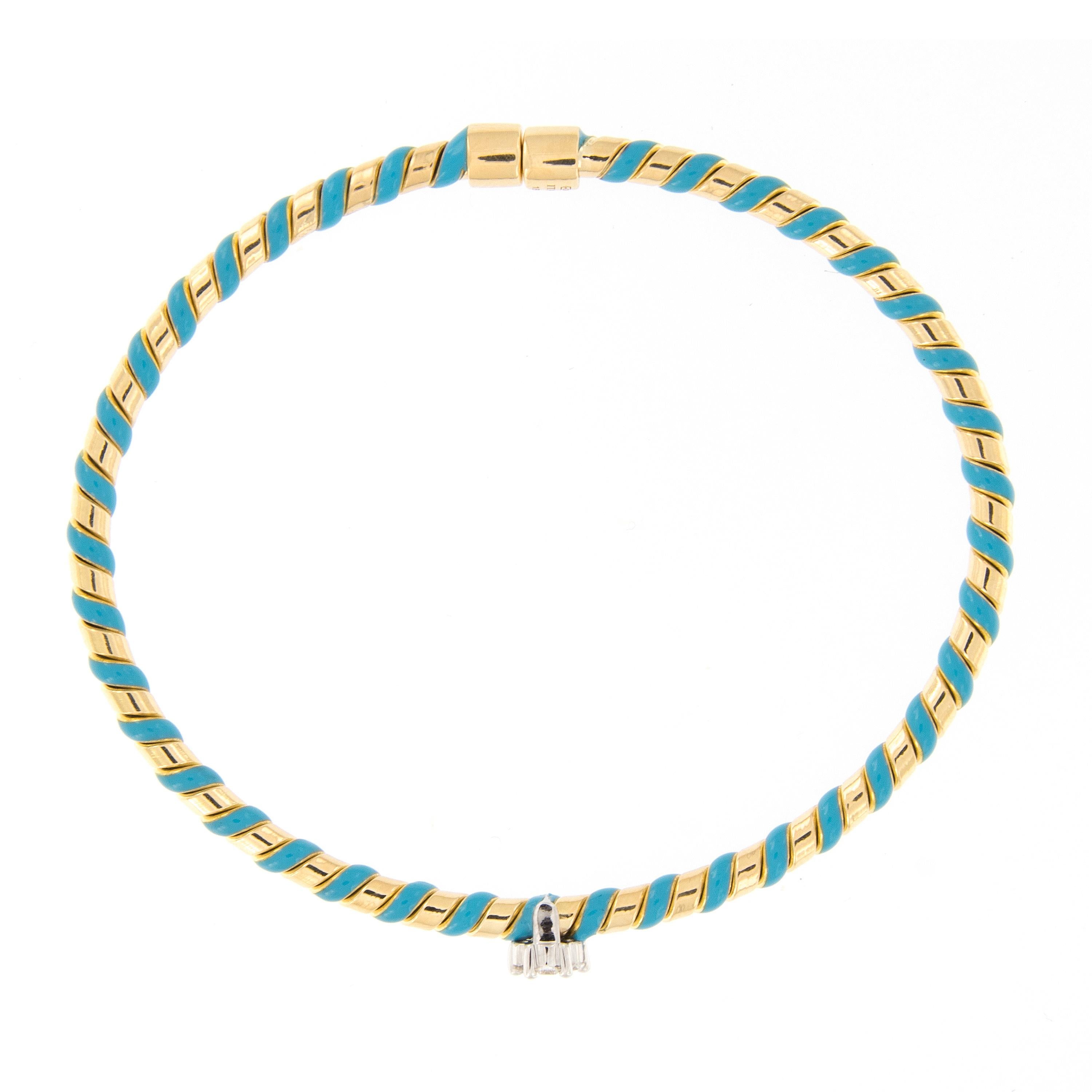 18 Karat gold bracelet features a twisted design of turquoise blue enamel accented with a diamond flower cluster. Bracelet is beautifully handcrafted by Italian artisans, lovely on its own and perfect for stacking. Marked Italy.

Diamond 0.17 cttw