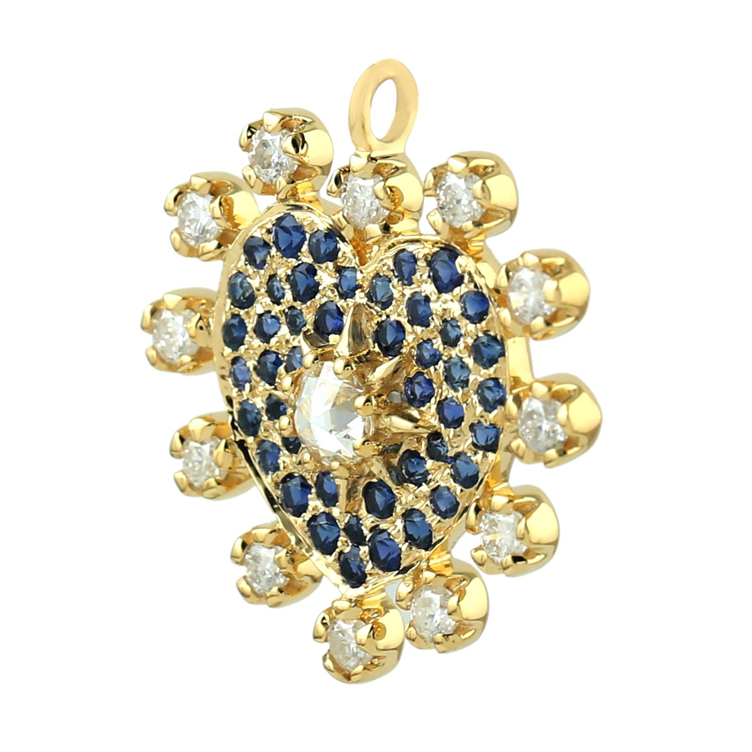 The 18 karat gold pendant is set with .63 carats blue sapphire and .57 carats of shimmering diamonds.  See other charm collection. Also available in emerald and ruby.

FOLLOW  MEGHNA JEWELS storefront to view the latest collection & exclusive
