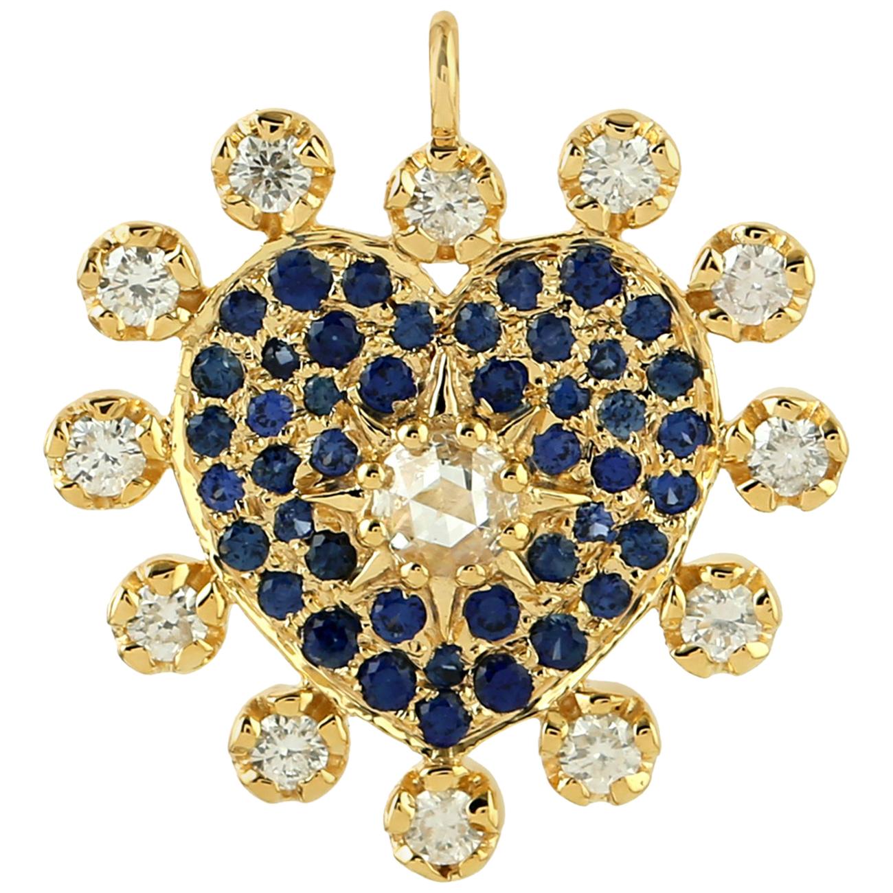 18 Karat Gold Heart Diamond Blue Sapphire Charm Pendant Necklace For Sale