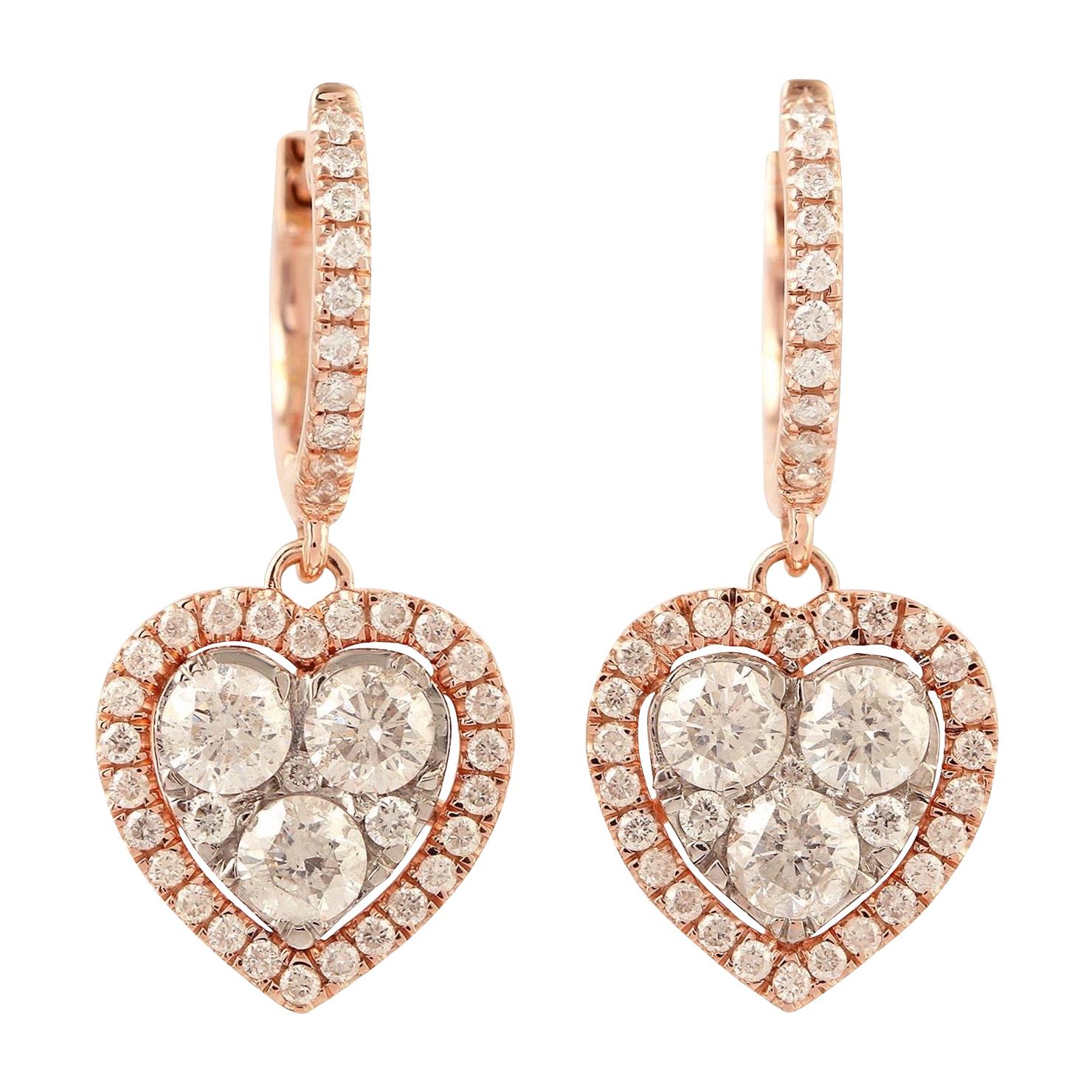 Heart 18 Karat Gold Diamond Earrings For Sale