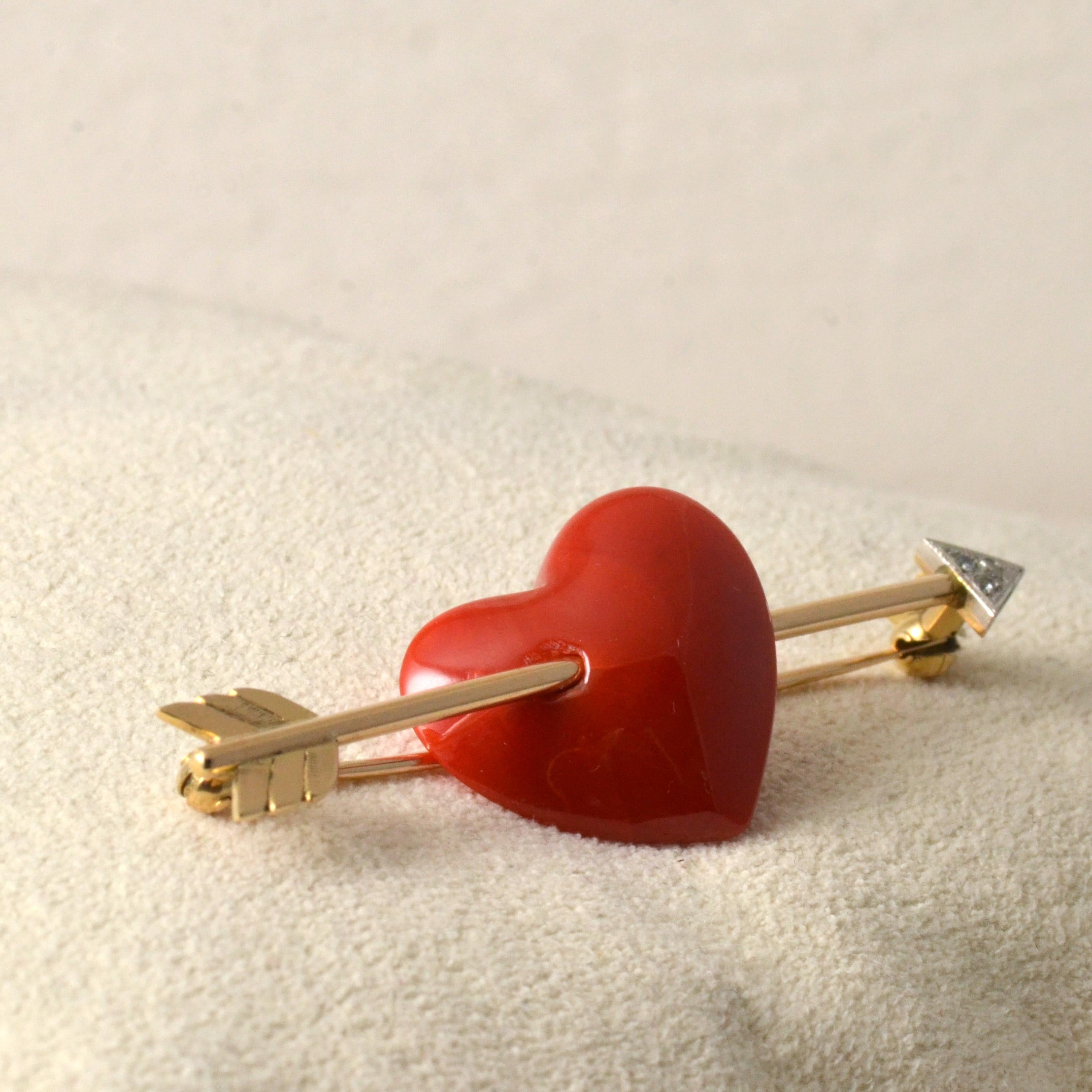 Heart Cut 18 Karat Gold Heart Shaped Red Coral Arrow Brooch with Diamonds For Sale
