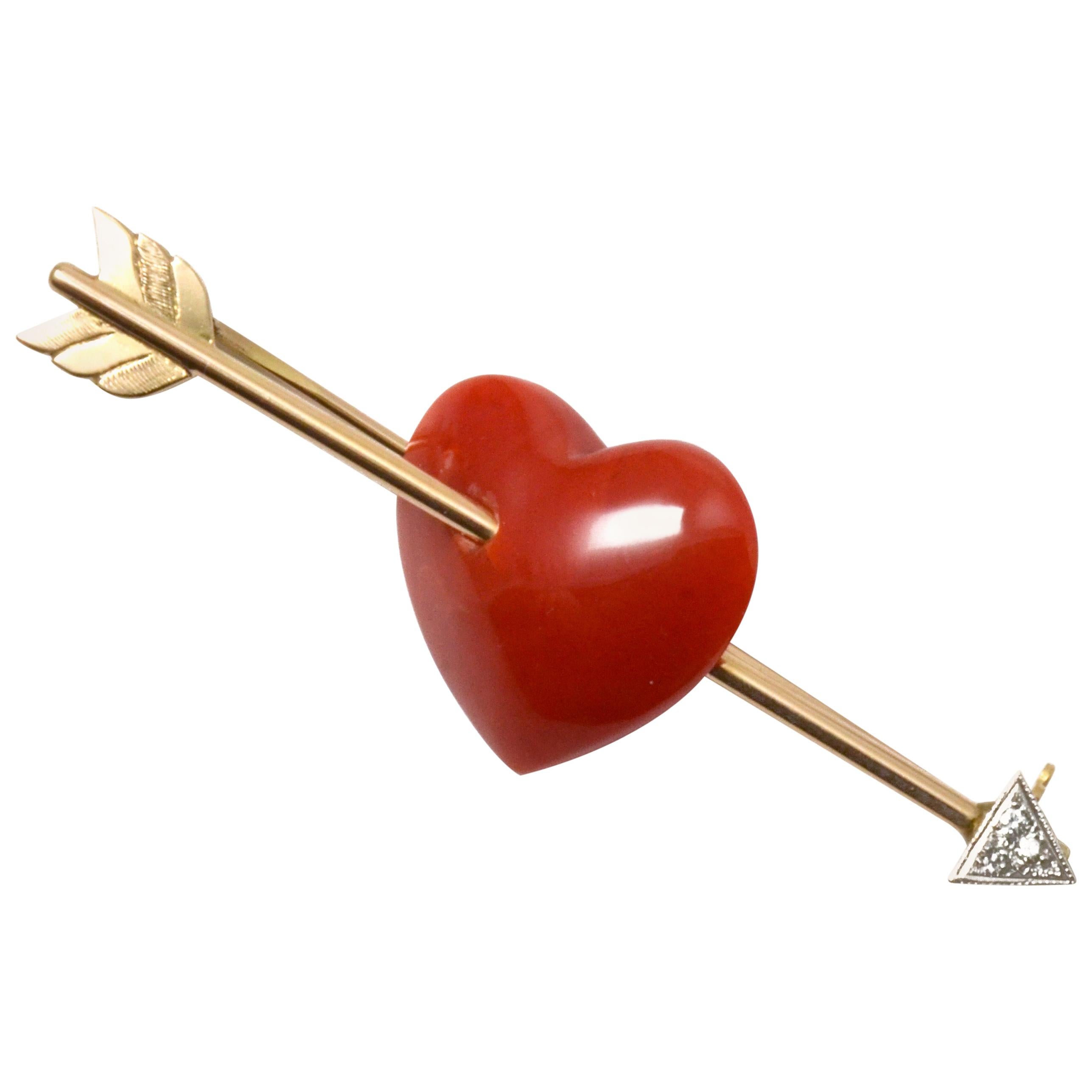 18 Karat Gold Heart Shaped Red Coral Arrow Brooch with Diamonds For Sale