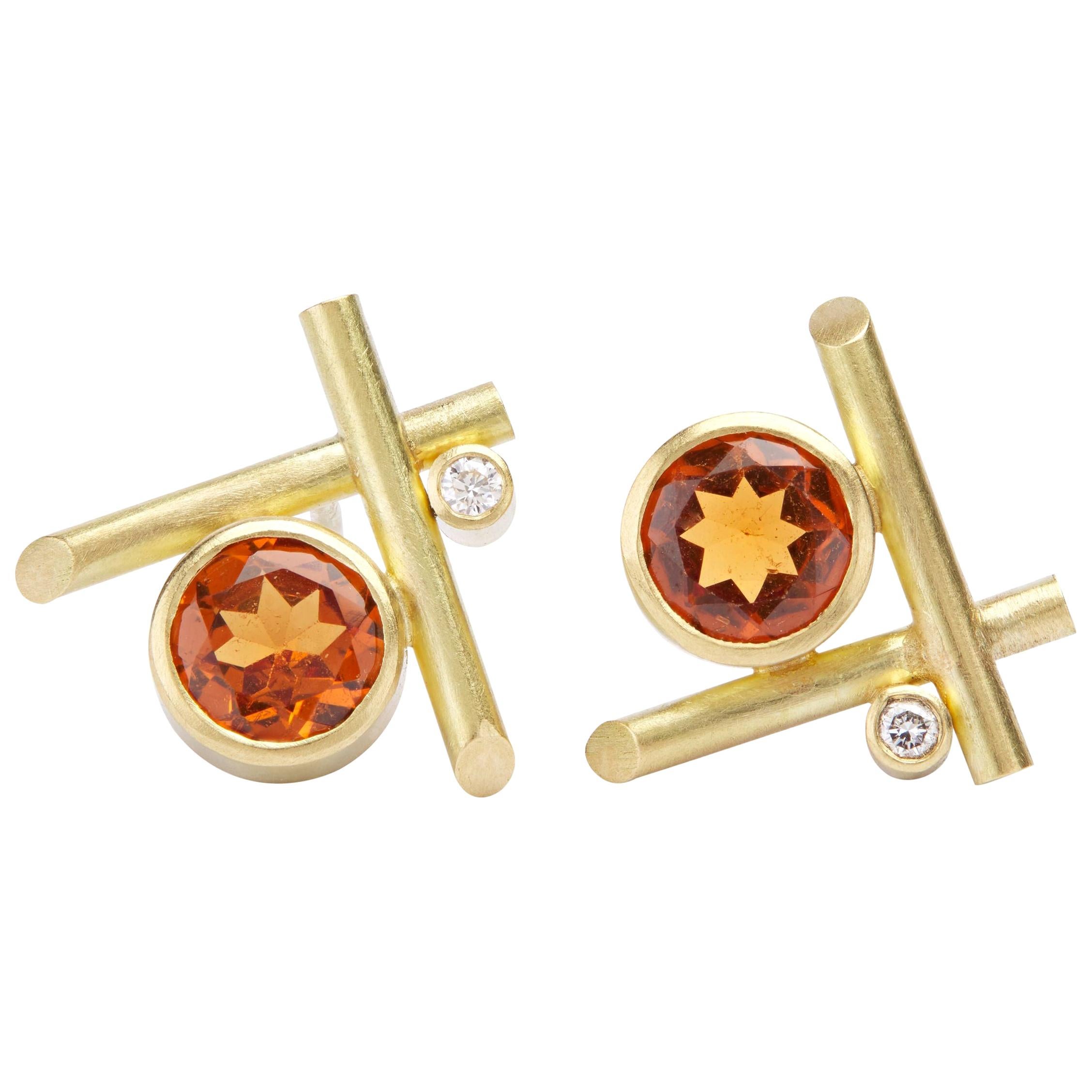 18 Karat Gold, Hessonite Garnet, and Diamond Crisscross Stud Pierced Earrings For Sale
