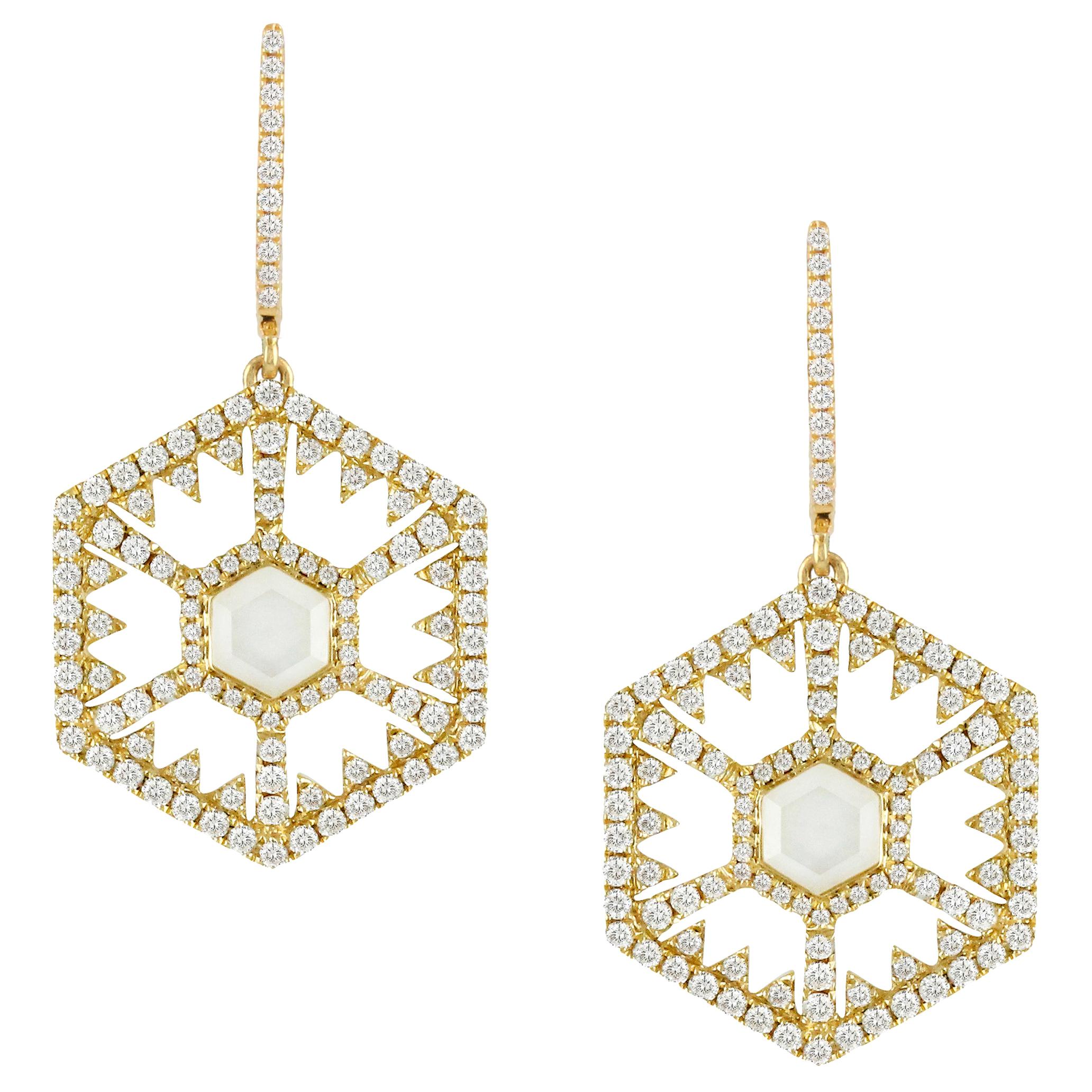 18 Karat Gold Hexagon Dangle Earrings w/White Mother of Pearl, Quartz & Diamonds For Sale