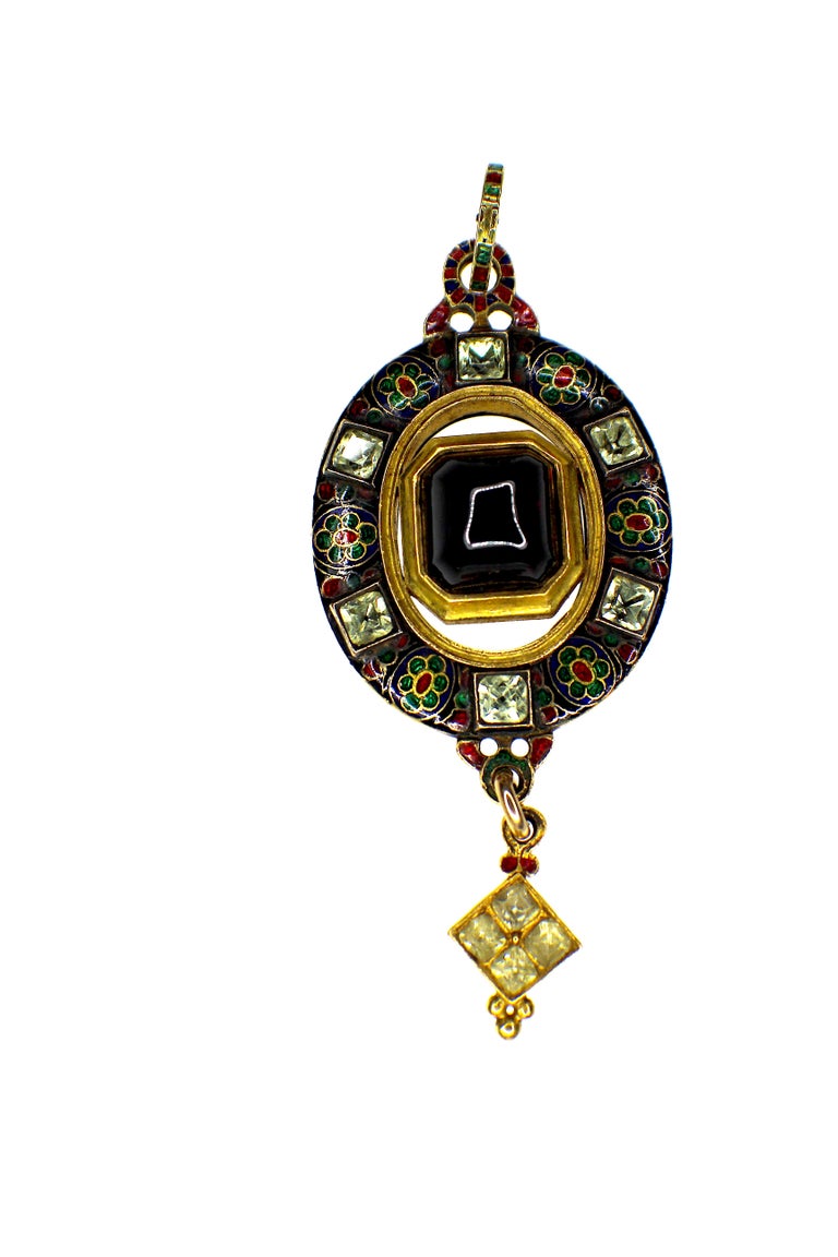 18 Karat Gold Holbeinesque Garnet Chrysoberyl Enamel Pendant For Sale ...