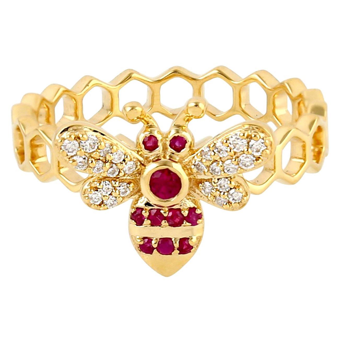 For Sale:  18 Karat Gold Honey Bee Diamond Ruby Ring