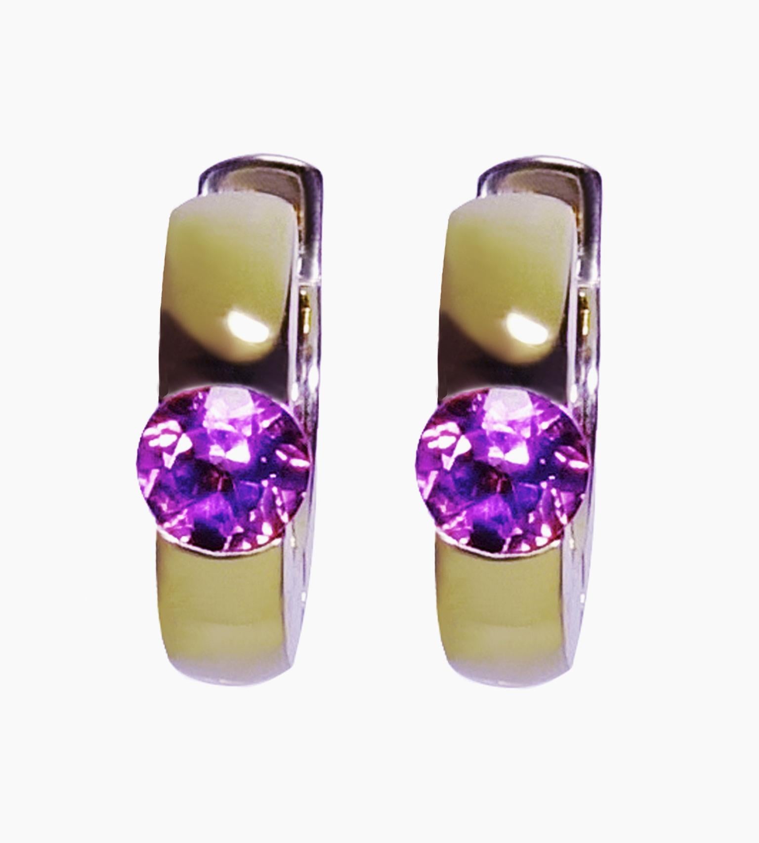 Adorable classic petite 18 Karat Yellow Gold hoop earrings featuring a beautiful 3.0 mm round brilliant cut deep color purple Amethyst.  A perfect gift for any occasion.  Finished: Polished
Dimension:
Hoop exteria diameter measured: x 27 mm, W x 3