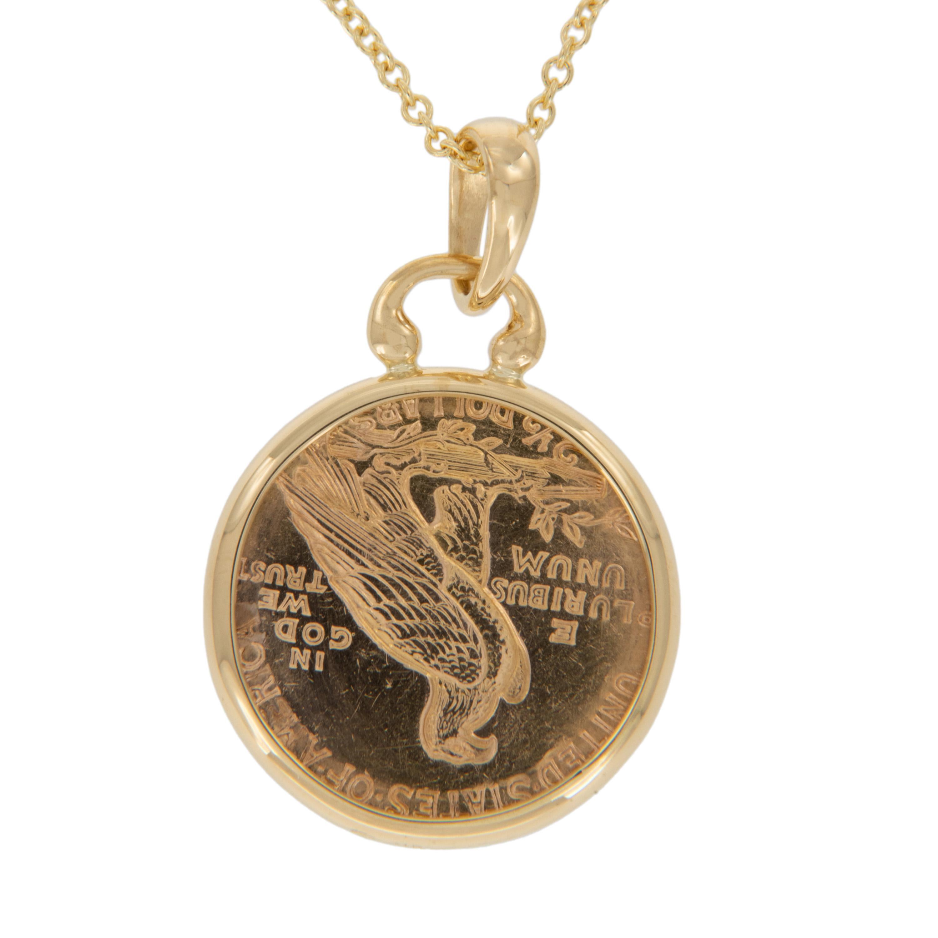 Enjoy a piece of American gold coin history! This 1910 $2.50 Indian head quarter eagle coin is framed by designer Michael Bondanza in 18k yellow gold and suspends from a U shaped -style bail on a 16-inch chain. Pendant measures 25mm tall x 19mm