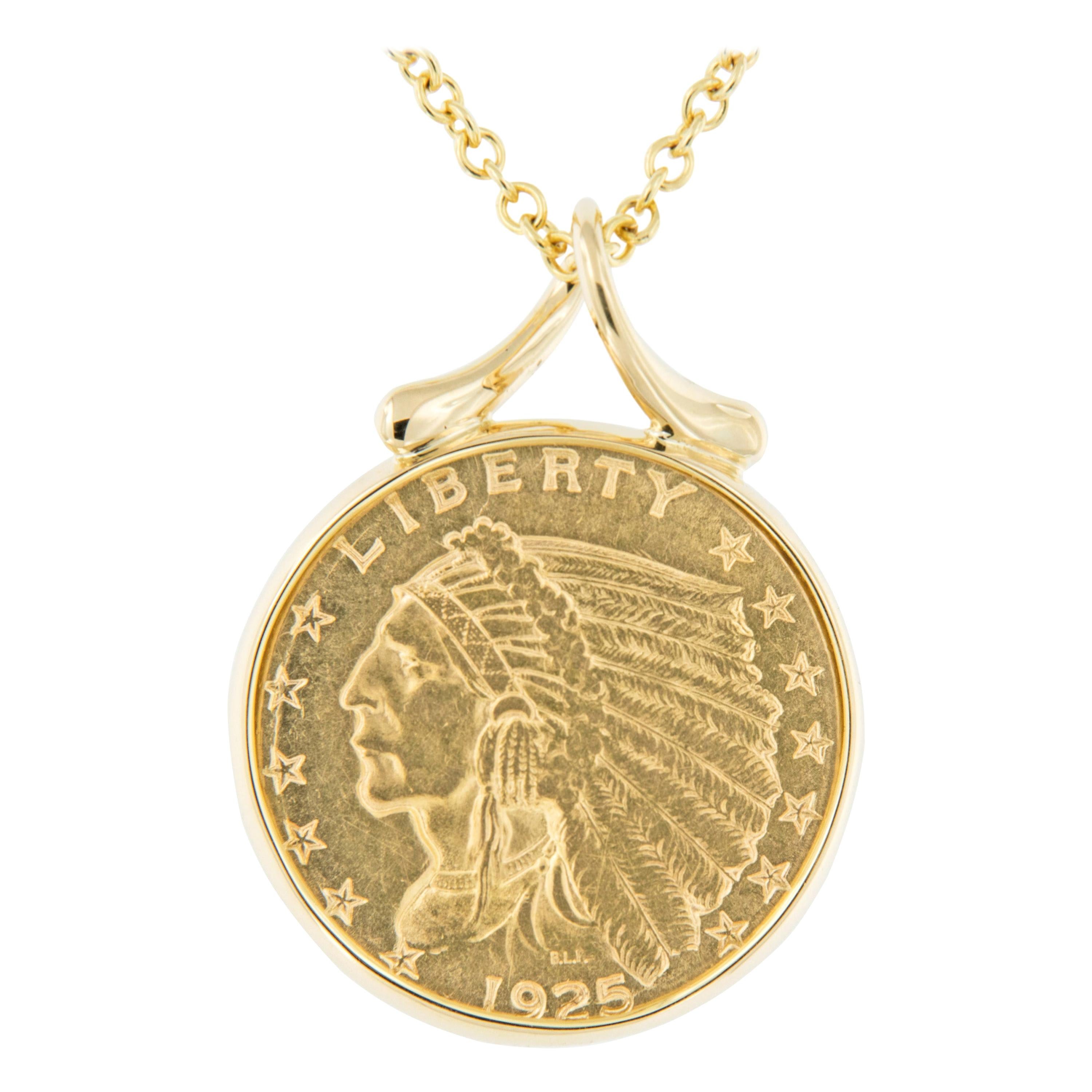 Michael Bondanza, collier tête d'aigle indienne en or 18 carats avec pièce de monnaie à quart d'aigle de 2,50 $ en vente