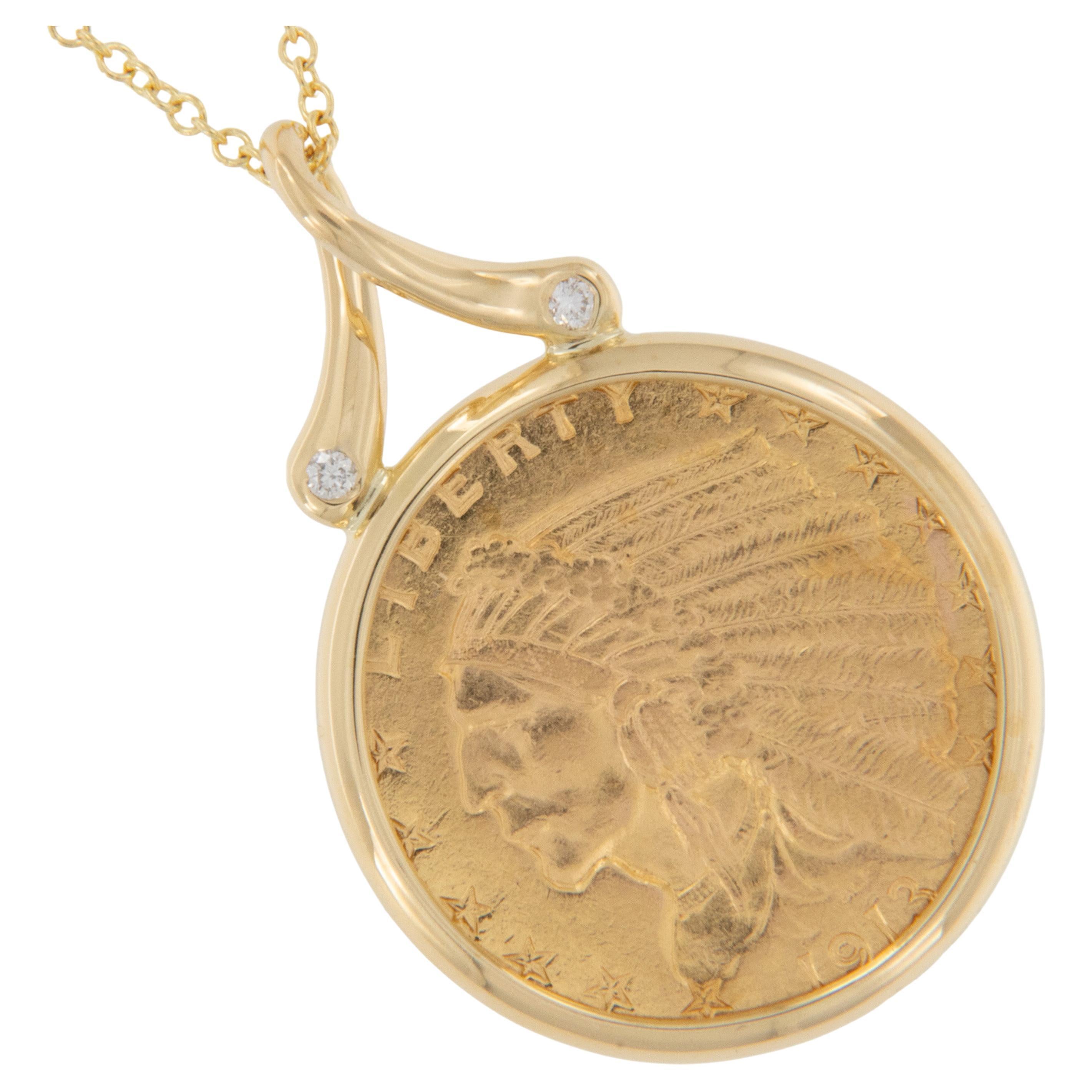 18 Karat Gold Indian Head Quarter Eagle Coin Necklace by Michael Bondanza For Sale