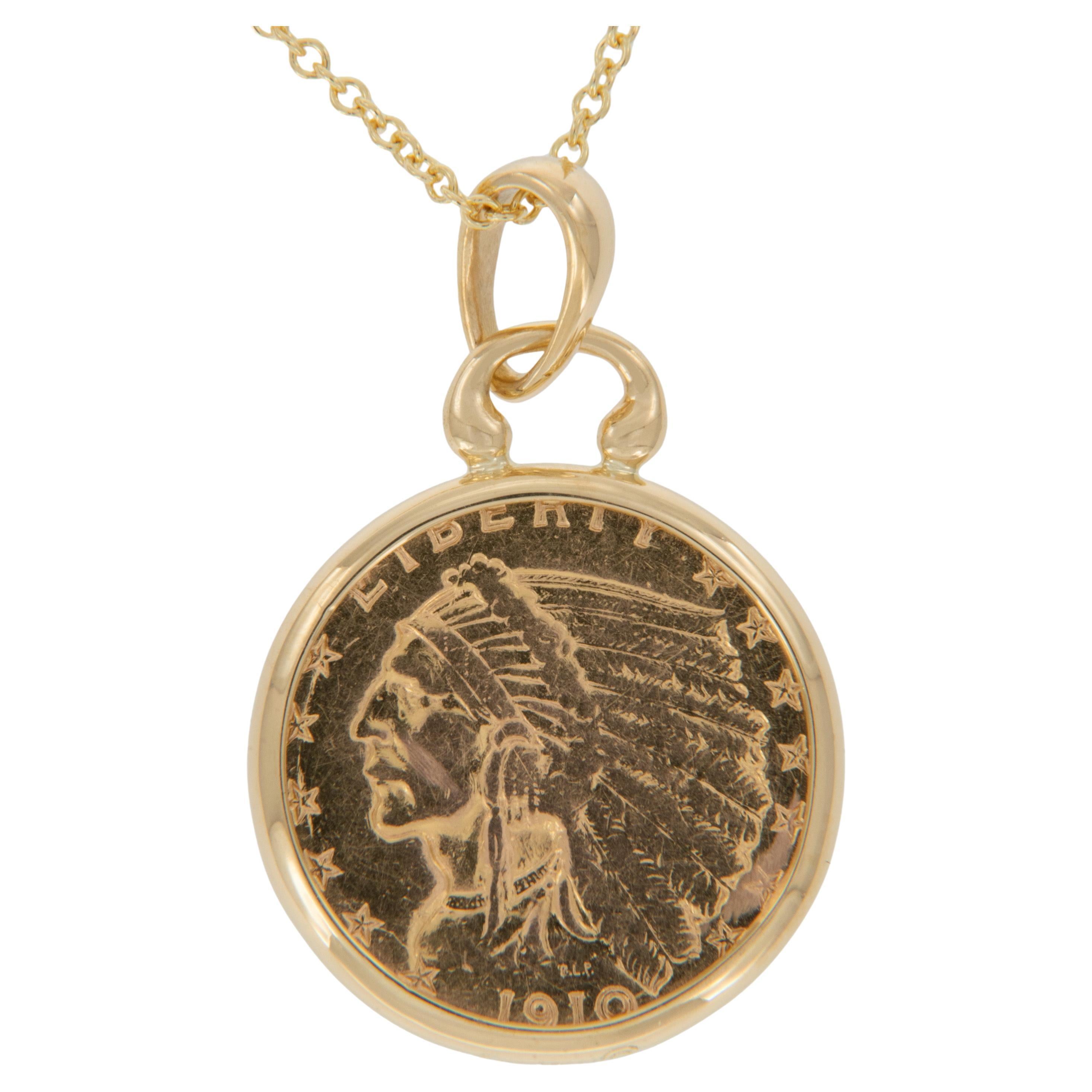 18 Karat Gold Indian Head $2.50 Quarter Eagle Coin Necklace by Michael Bondanza