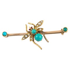 Antique 18 Karat Gold Insect Bug Pin, Set with Turquoise Pearls Rubies, circa 1900