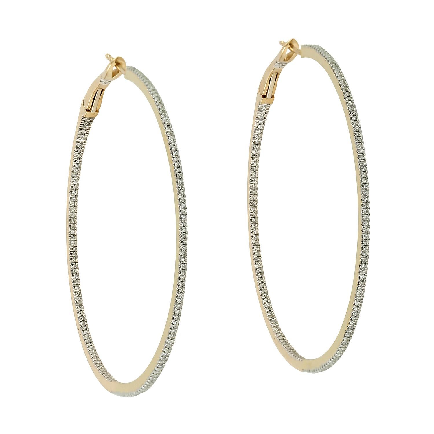 Modern 18 Karat Gold Inside Out Diamond Hoop Earrings For Sale