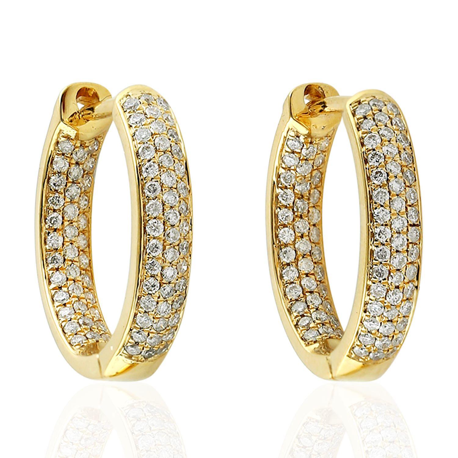 Contemporary 18 Karat Gold Inside Out Diamond Huggie Hoop Earrings For Sale