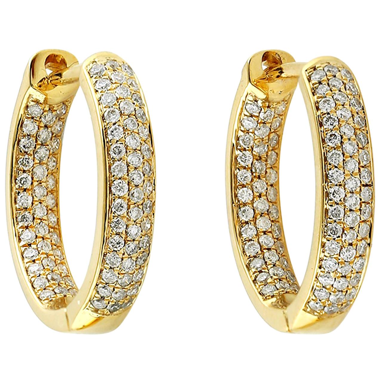18 Karat Gold Inside Out Diamond Huggie Hoop Earrings For Sale