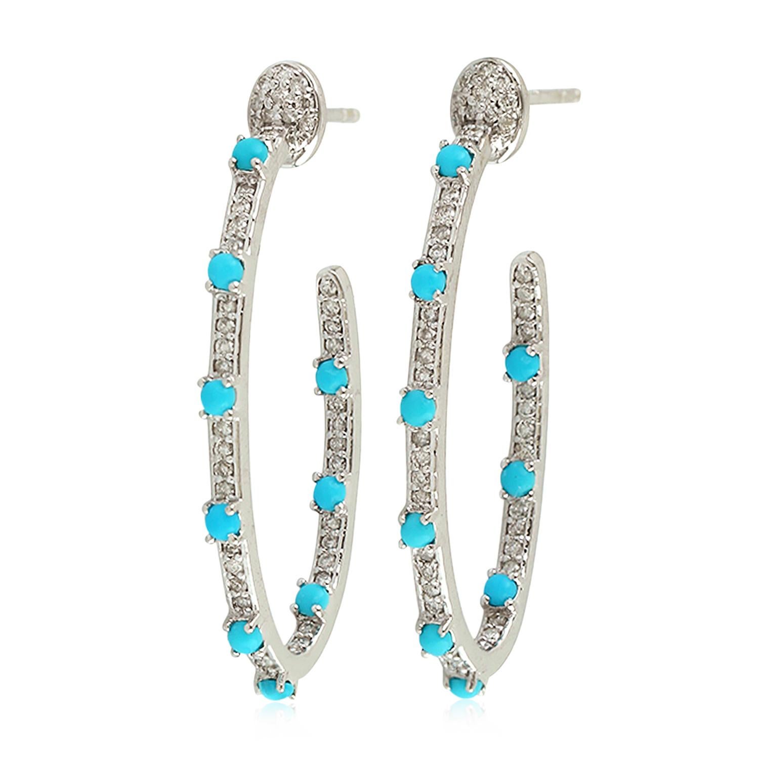 Single Cut 18 Karat Gold Inside Out Turquoise Diamond Hoop Earrings For Sale