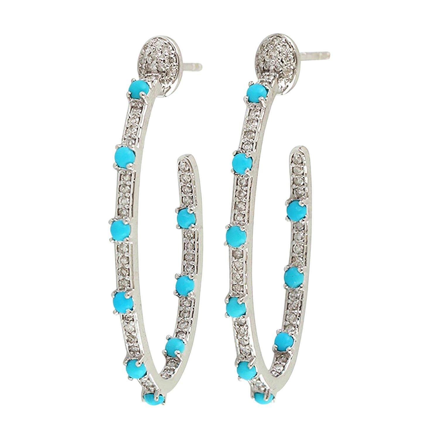 18 Karat Gold Inside Out Turquoise Diamond Hoop Earrings For Sale