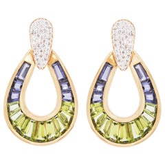 18 Karat Gold Iolite Peridot Tapered Baguette Diamond Dangling Drop Earrings