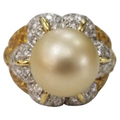 18 Karat Gold Italian Made South Sea Pearl with Diamonds and Yellow Sapphires