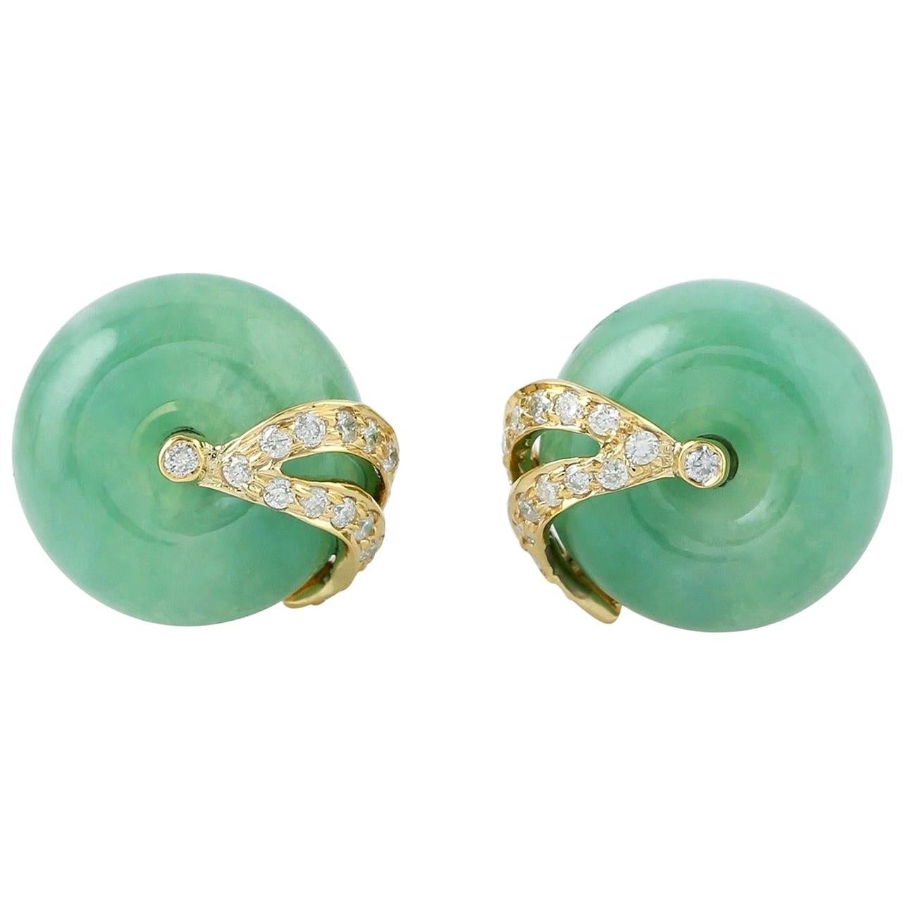 18 Karat Gold Jade Diamond Stud Earrings For Sale