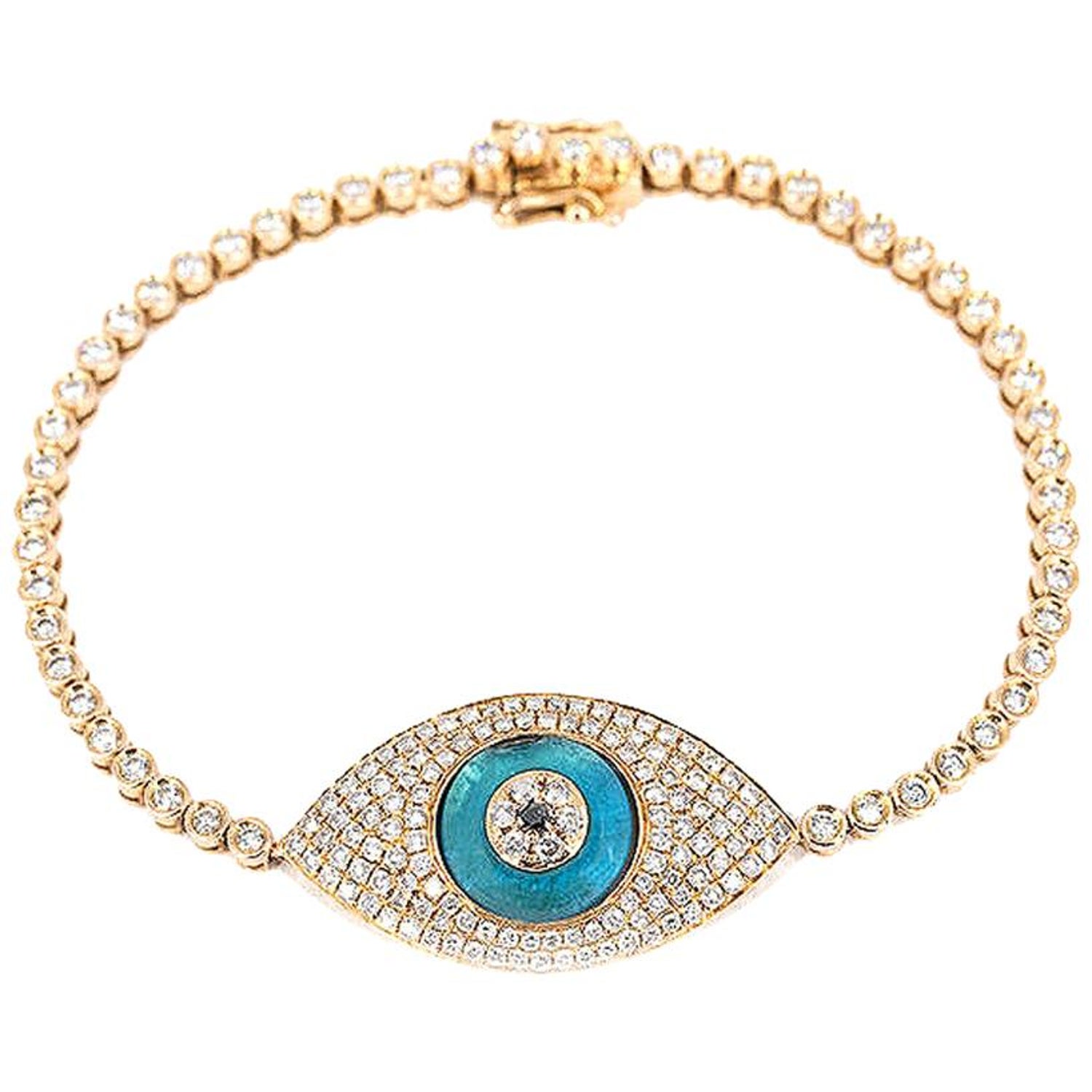 18 Karat Gold Jumbo Evil Eye Diamond Pave Tennis Bracelet with Blue Topaz  For Sale at 1stDibs | evil eye bracelet diamond, evil eye tennis bracelet, evil  eye diamond bracelet