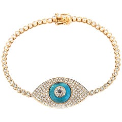 18 Karat Gold Jumbo Evil Eye Diamond Pave Tennis Bracelet with Blue Topaz