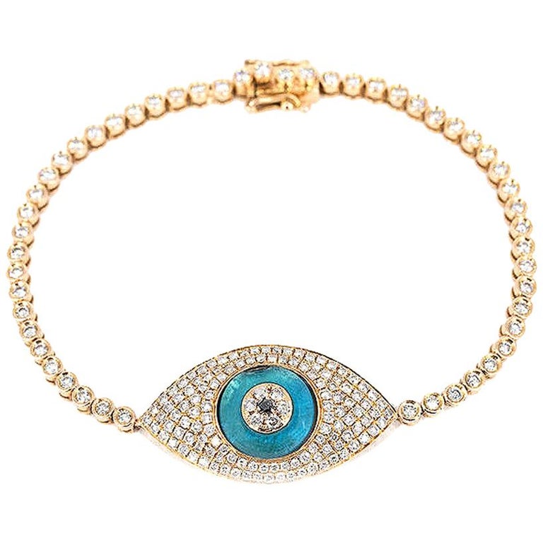 18 Karat Gold Jumbo Evil Eye Diamond Pave Tennis Bracelet with Blue Topaz  For Sale at 1stDibs