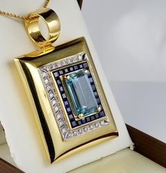 18 Karat Gold Jumbo Size Vintage Aquamarine Sapphire Diamond Pendant