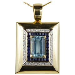 18 Karat Gold Jumbo Size Vintage Aquamarine Sapphire Diamond Pendant