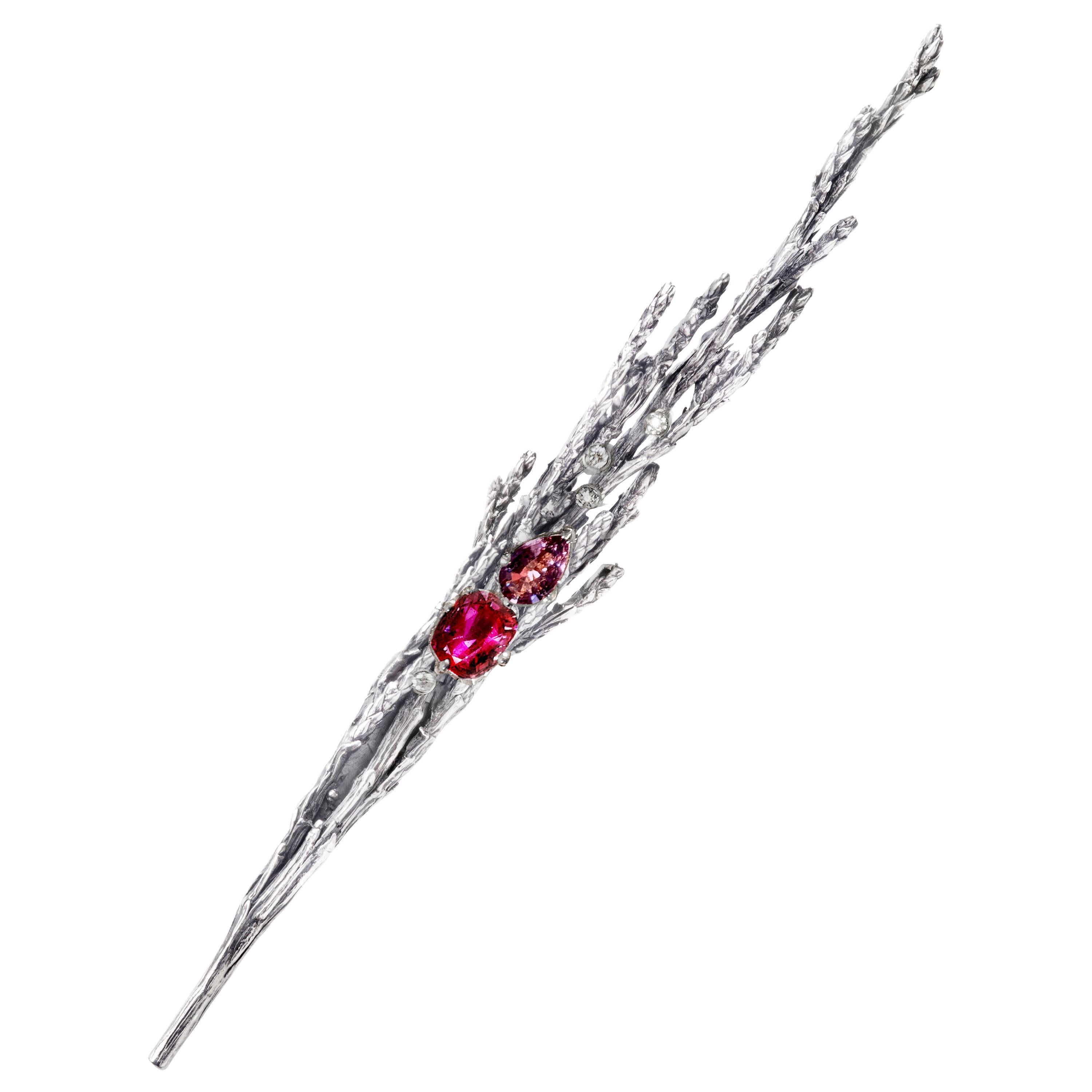 White Gold Sculptural Brooch with GRS No Heat Three Carats Ruby and Diamonds For Sale
