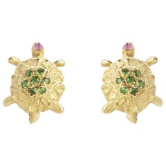 18 Karat Gold Karat Green Tsavorite Handcrafted Turtle Stud Earrings