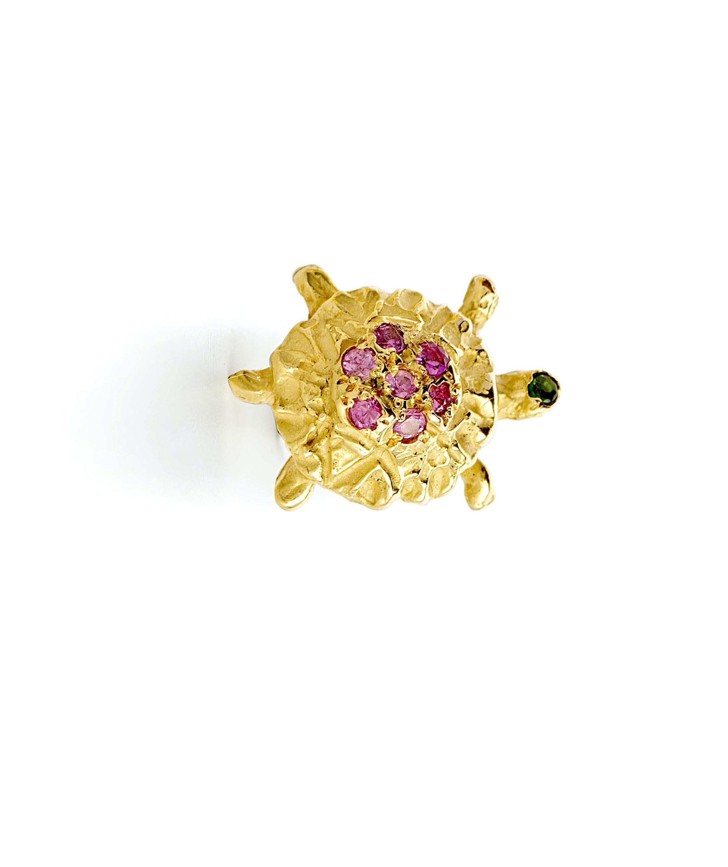 Artisan little Turtle 18 Karat Gold Karat Pink Tourmaline Handcrafted Stud Earrings For Sale