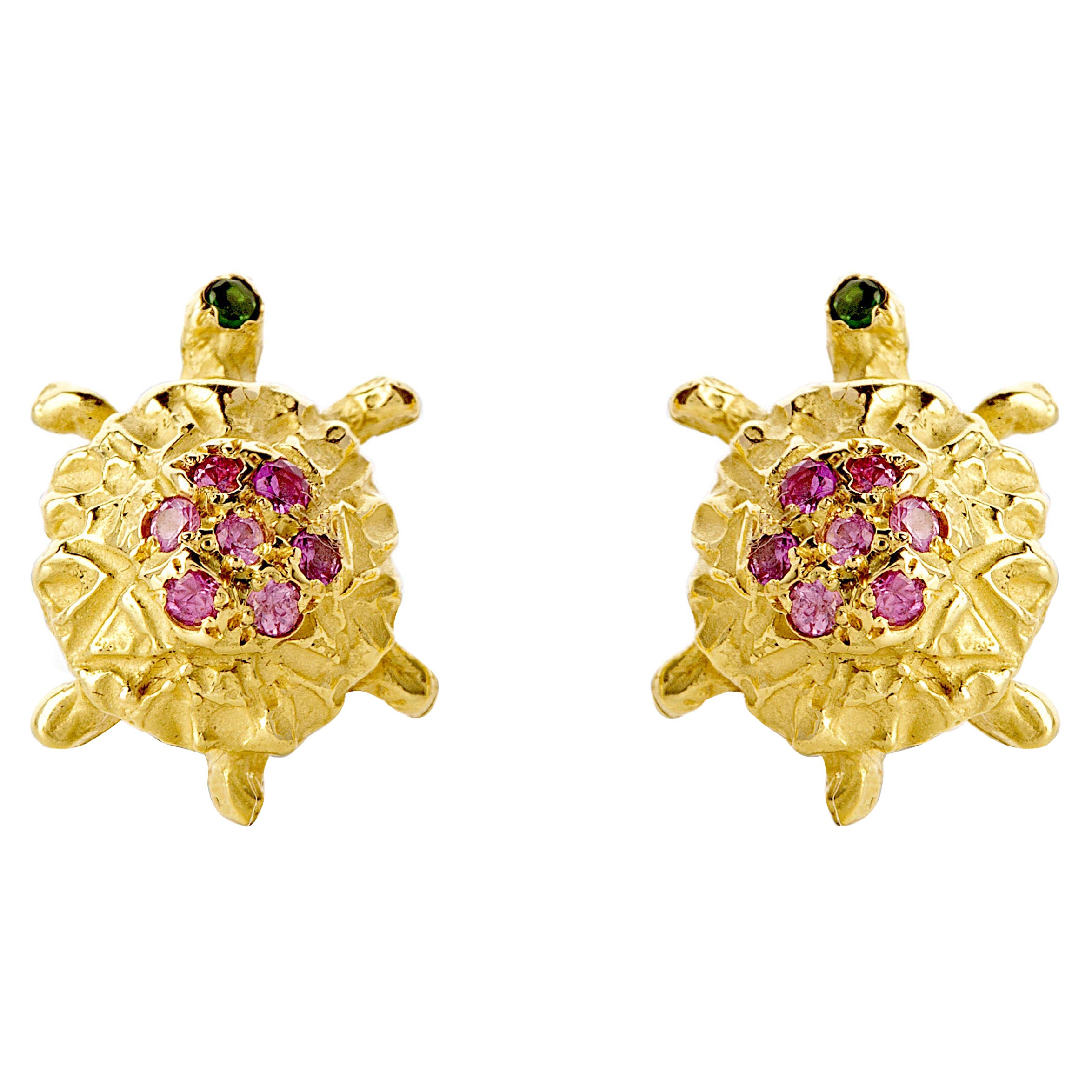 Pendientes artesanales de turmalina rosa de oro de 18 quilates Tortuguita