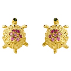 18 Karat Gold Karat Pink Tourmaline Little Turtle Handcrafted Stud Earrings