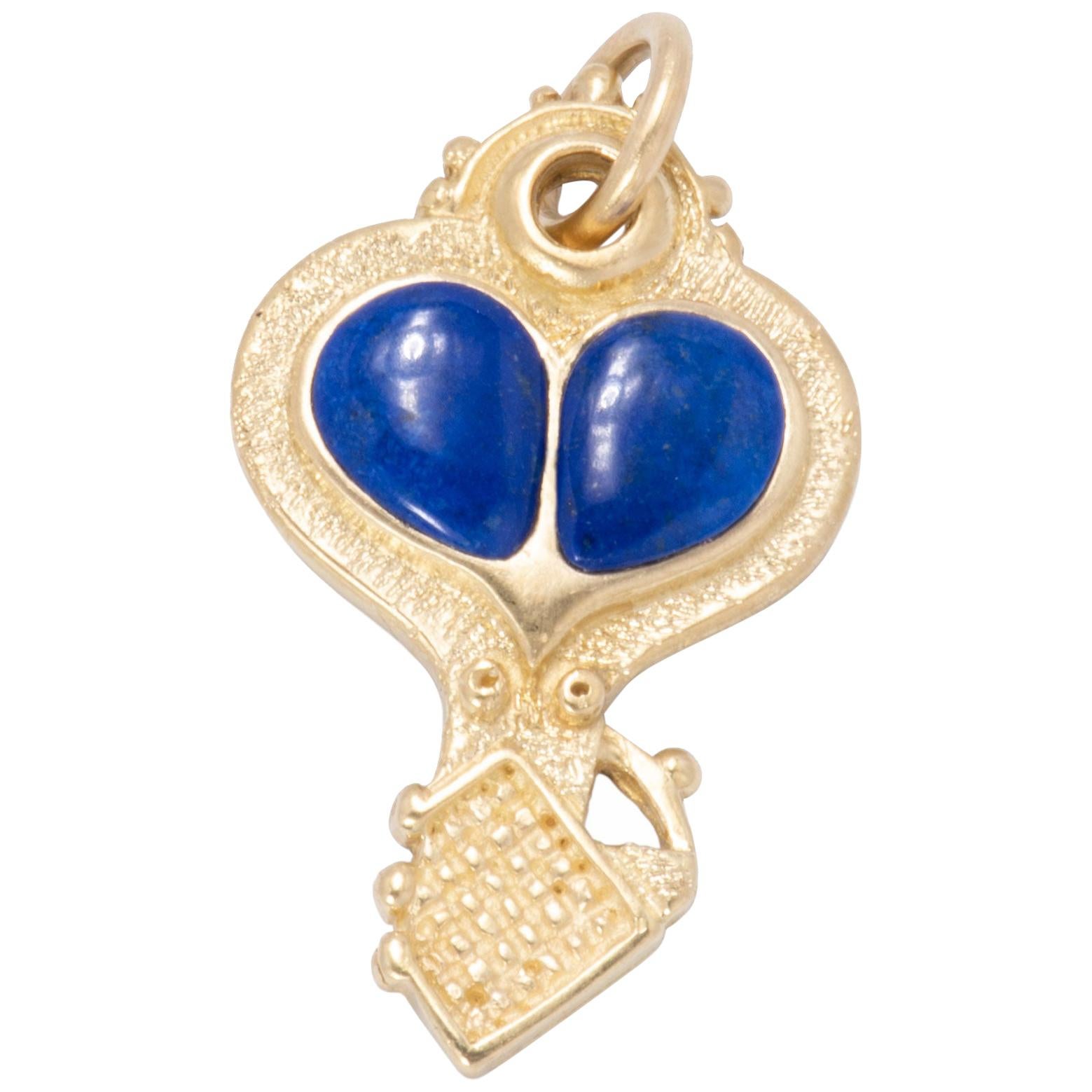 18 Karat Gold Key and Heart Pendant with Lapis For Sale