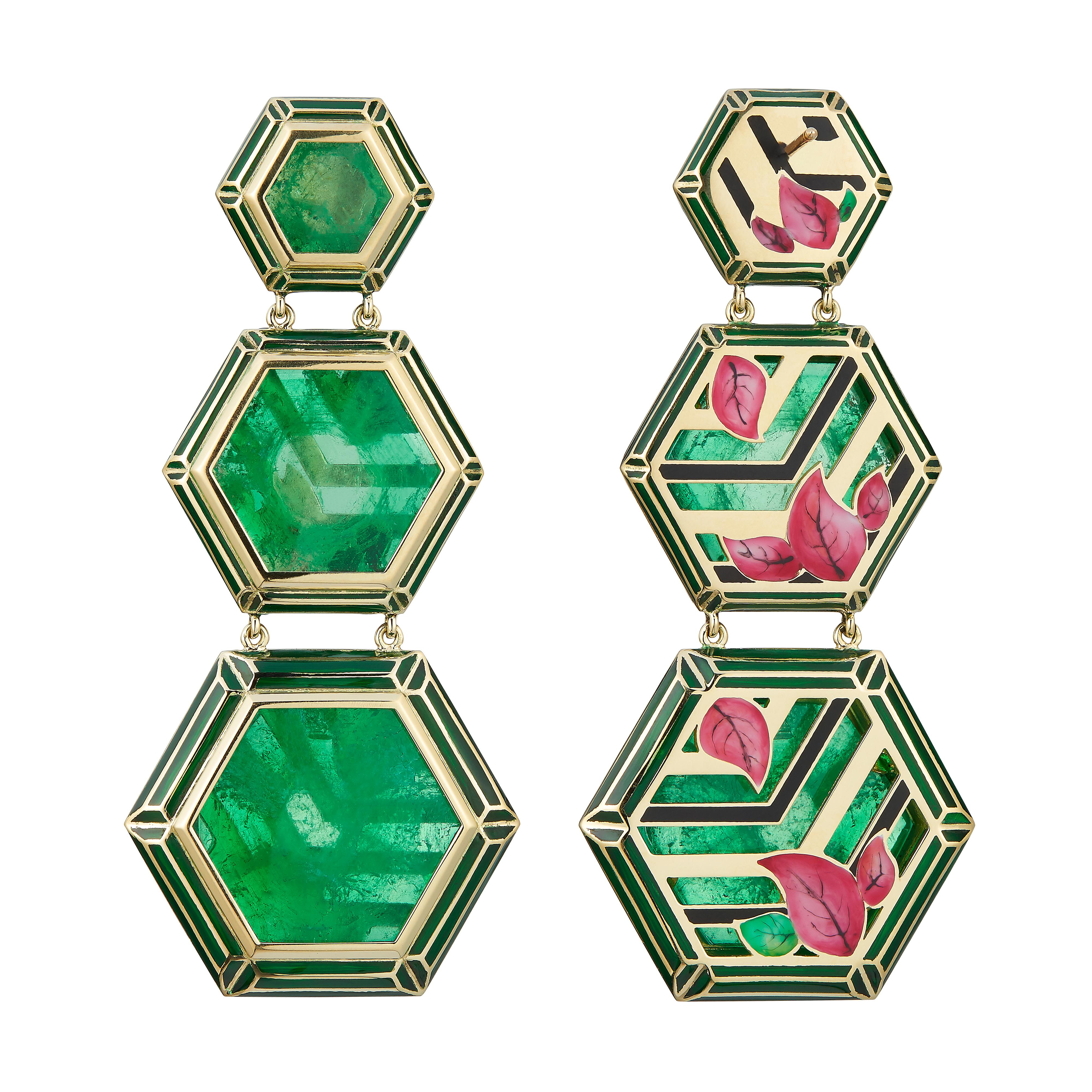 Contemporary Alice Cicolini's 18 Karat Gold Enamel Muzo Emerald Jaipur Bouganvillea Earrings For Sale