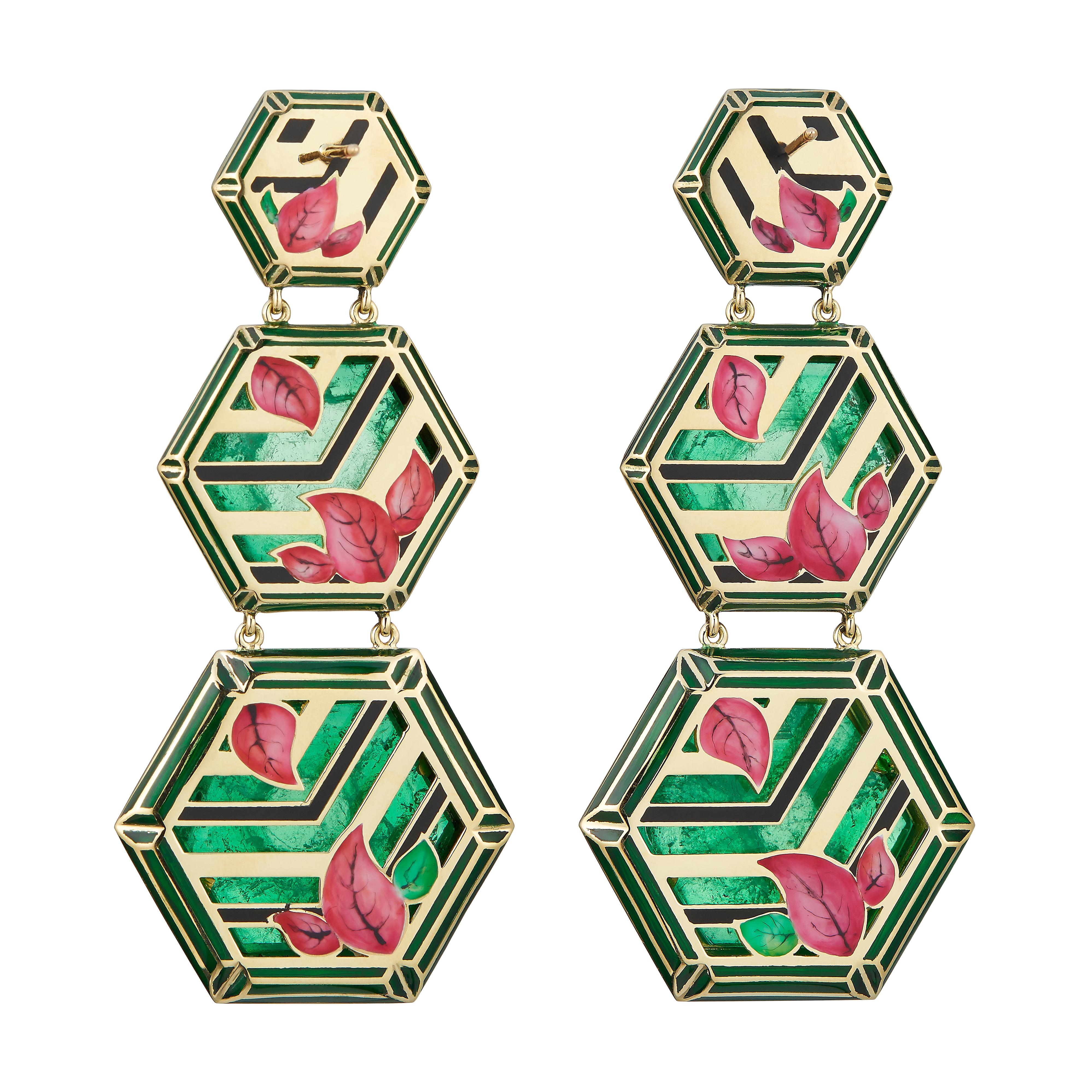 Emerald Cut Alice Cicolini's 18 Karat Gold Enamel Muzo Emerald Jaipur Bouganvillea Earrings For Sale