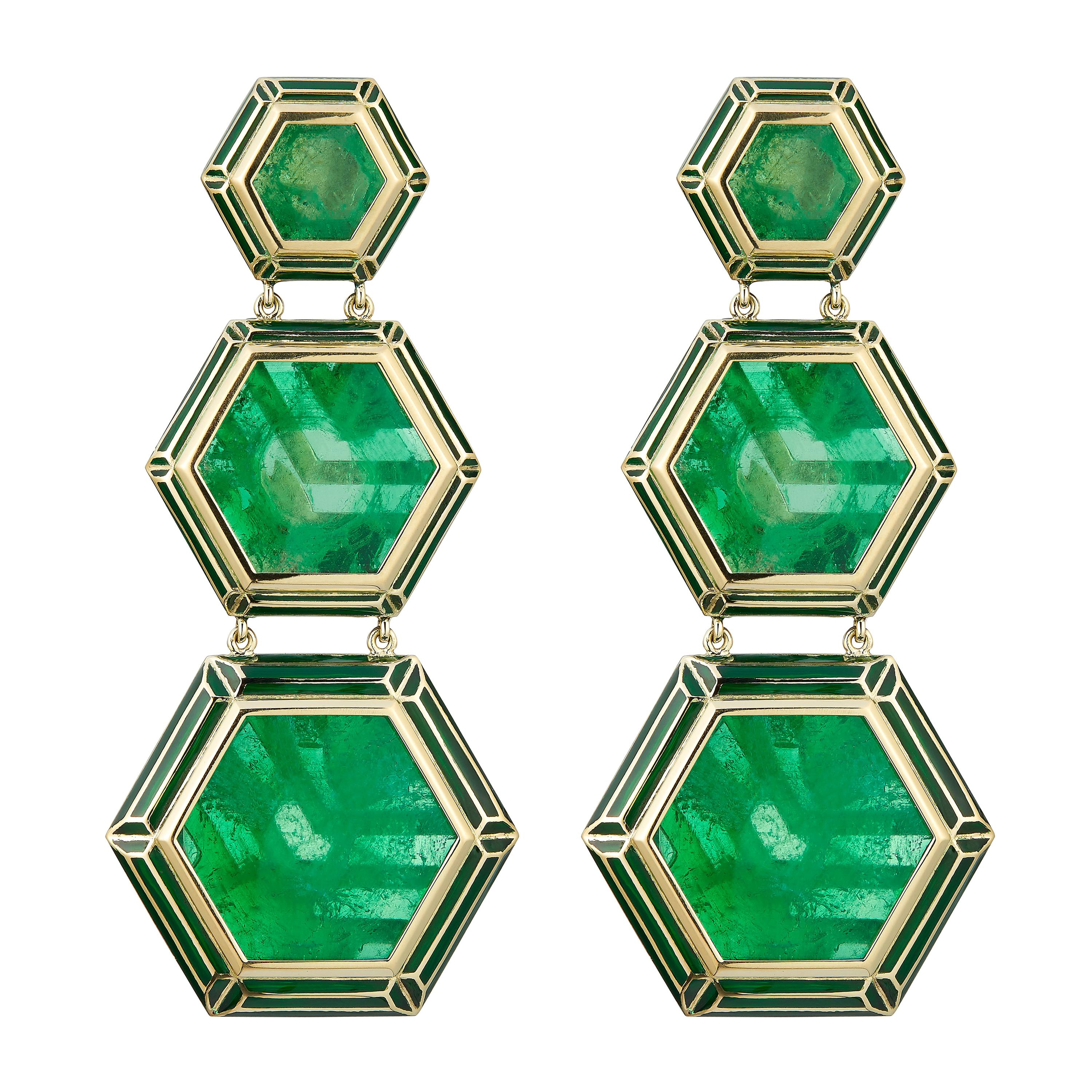Alice Cicolini's 18 Karat Gold Enamel Muzo Emerald Jaipur Bouganvillea Earrings For Sale