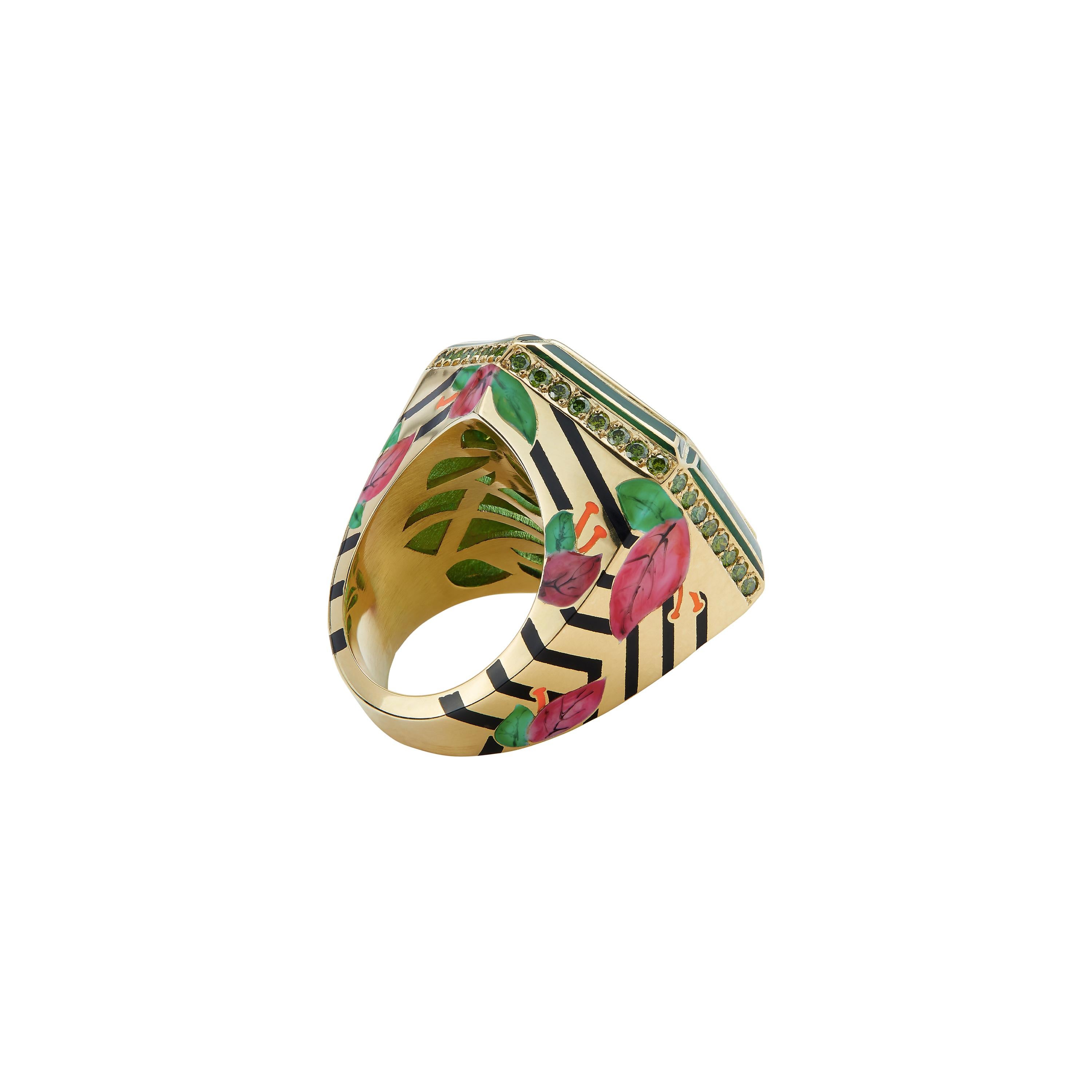 Alice Cicolini's 18k Gold Emaille Diamant Jaipur Bouganvillea Muzo Smaragd Ring (Zeitgenössisch) im Angebot