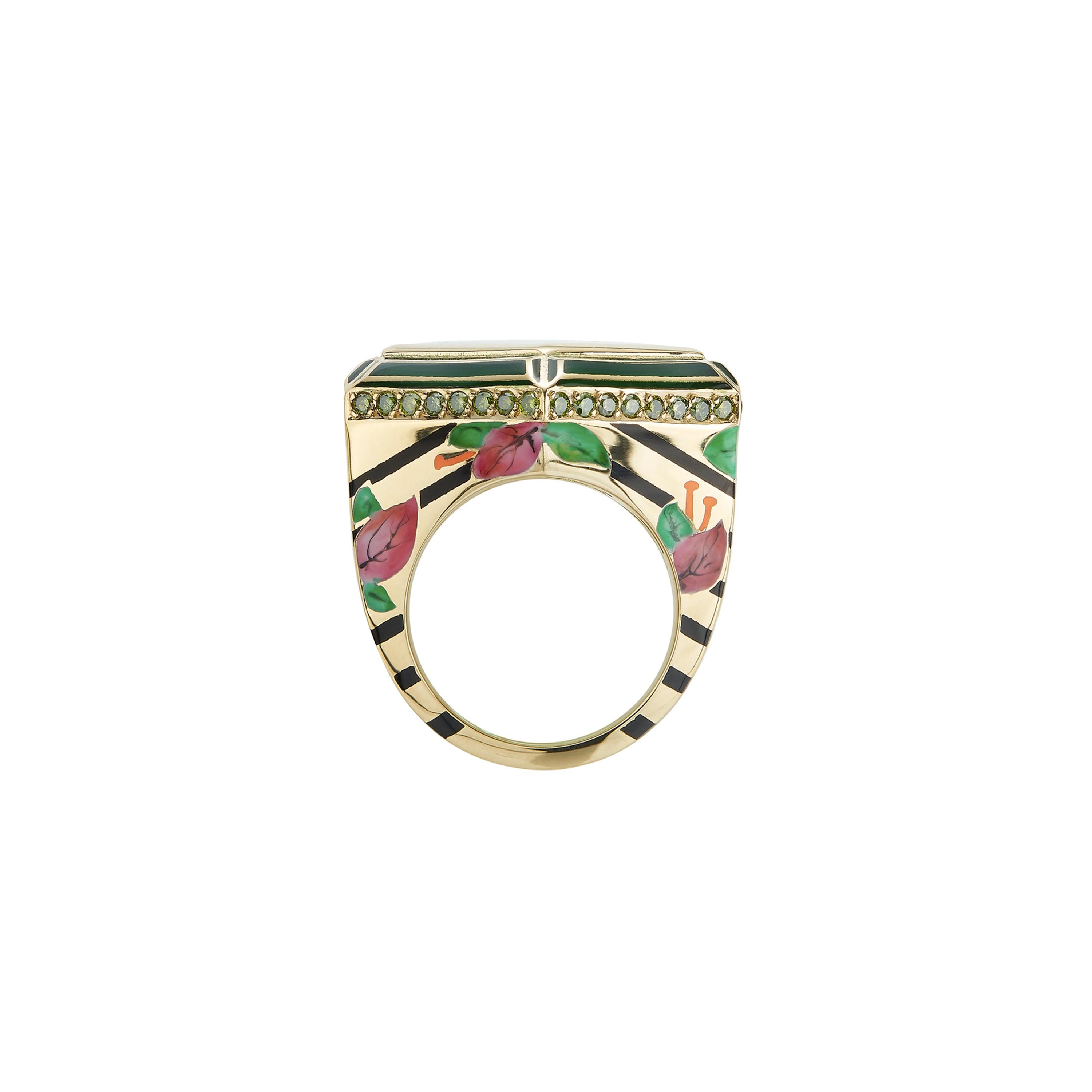 Emerald Cut Alice Cicolini's 18k Gold Enamel Diamond Jaipur Bouganvillea Muzo Emerald Ring For Sale