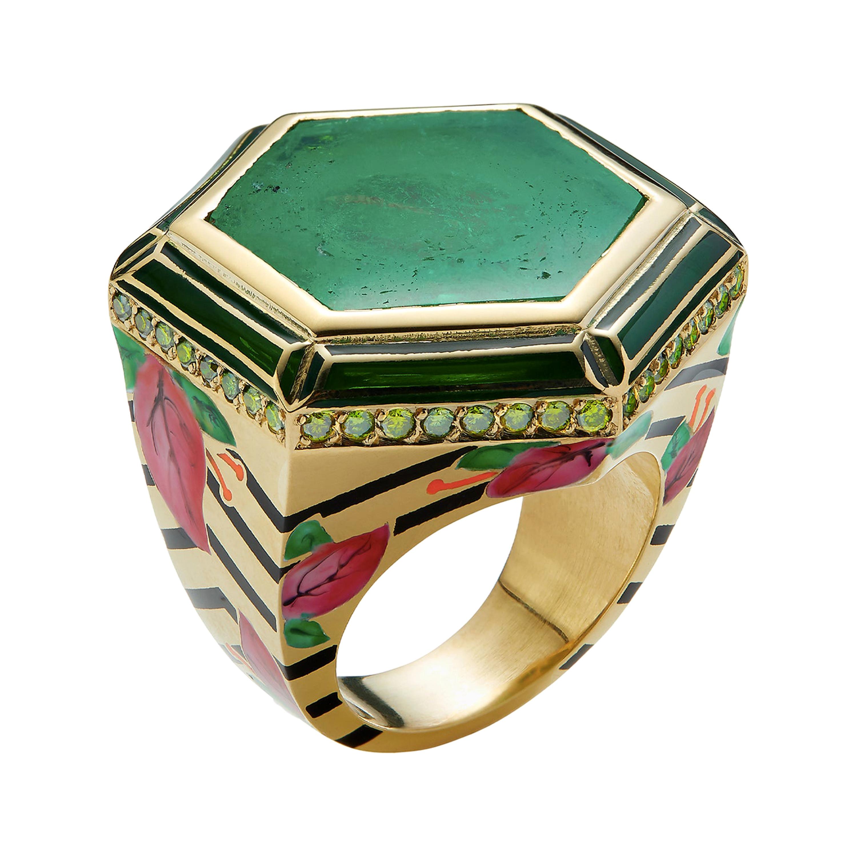 Alice Cicolini's 18k Gold Enamel Diamond Jaipur Bouganvillea Muzo Emerald Ring For Sale