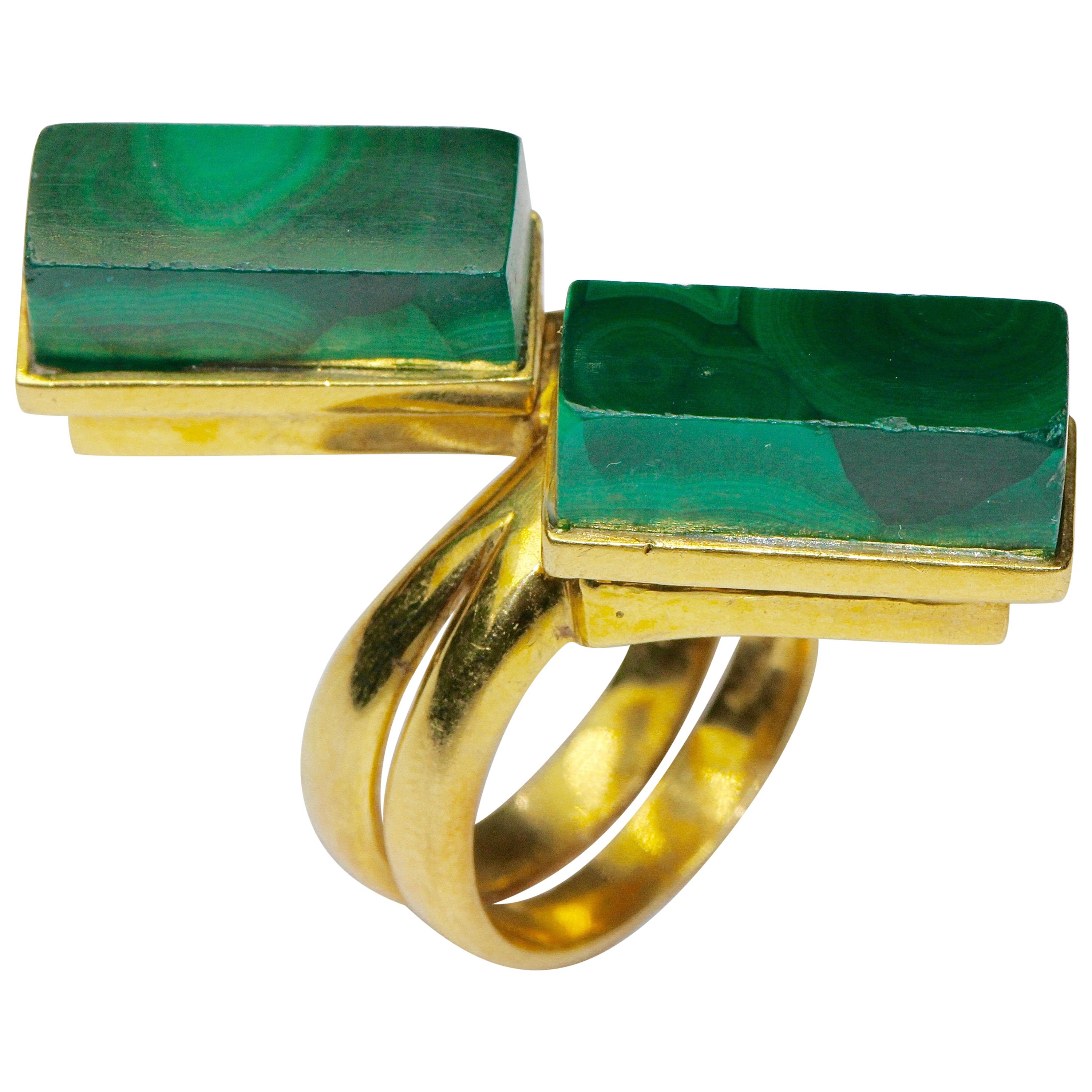 18 Karat Gold Ladies Ring with Two Malachite For Sale