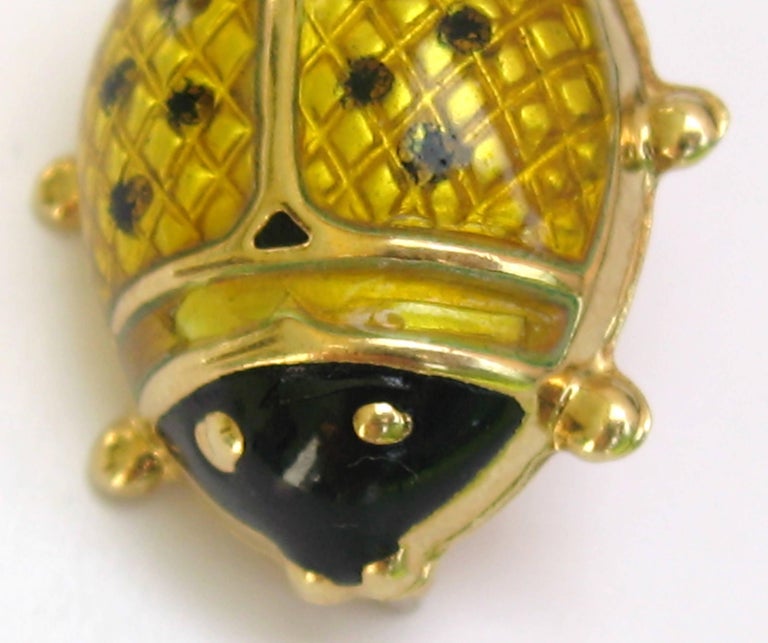 18 Karat Gold Ladybug Brooch Black and Yellow Enamel Pin For Sale at