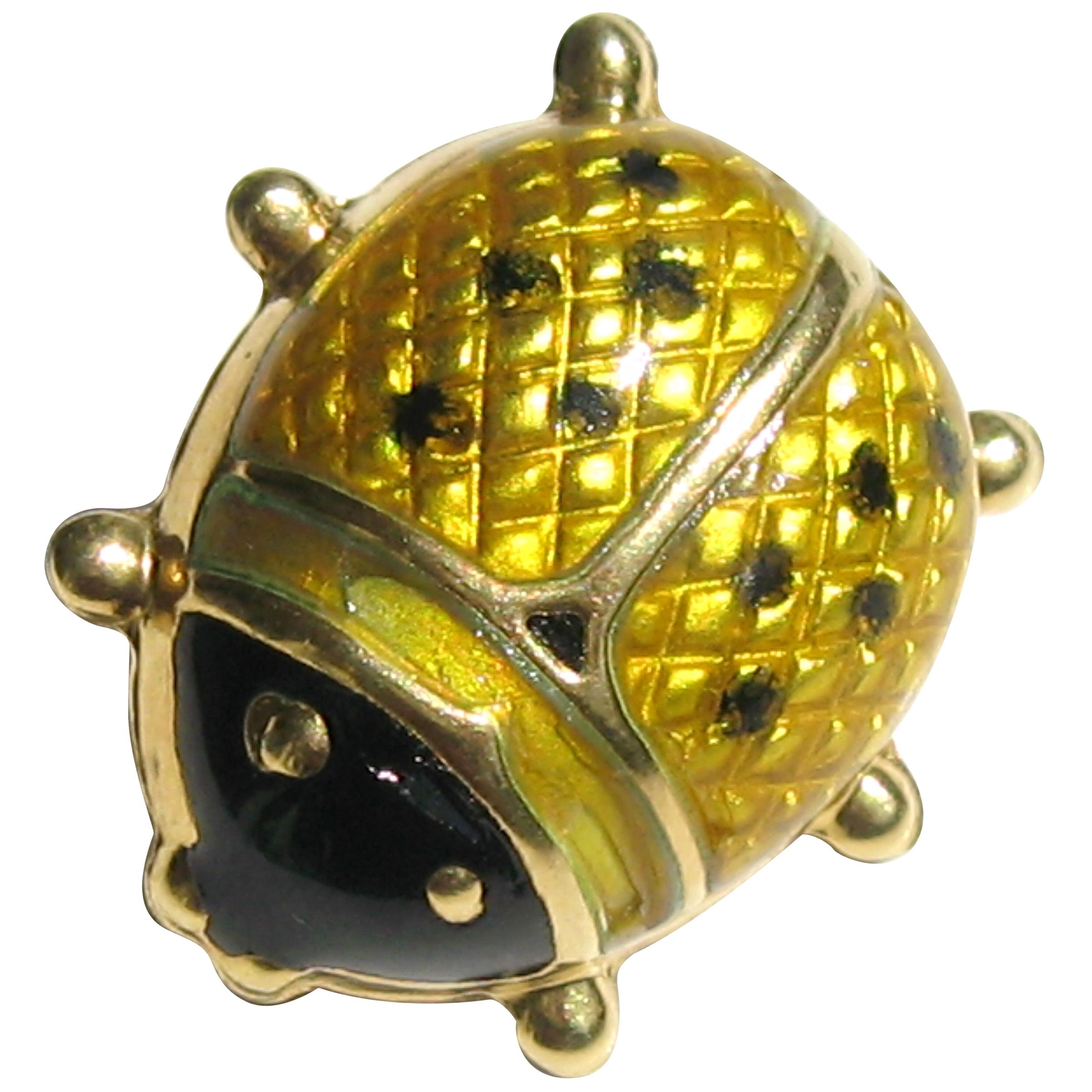 18 Karat Gold Ladybug Brooch Black and Yellow Enamel Pin